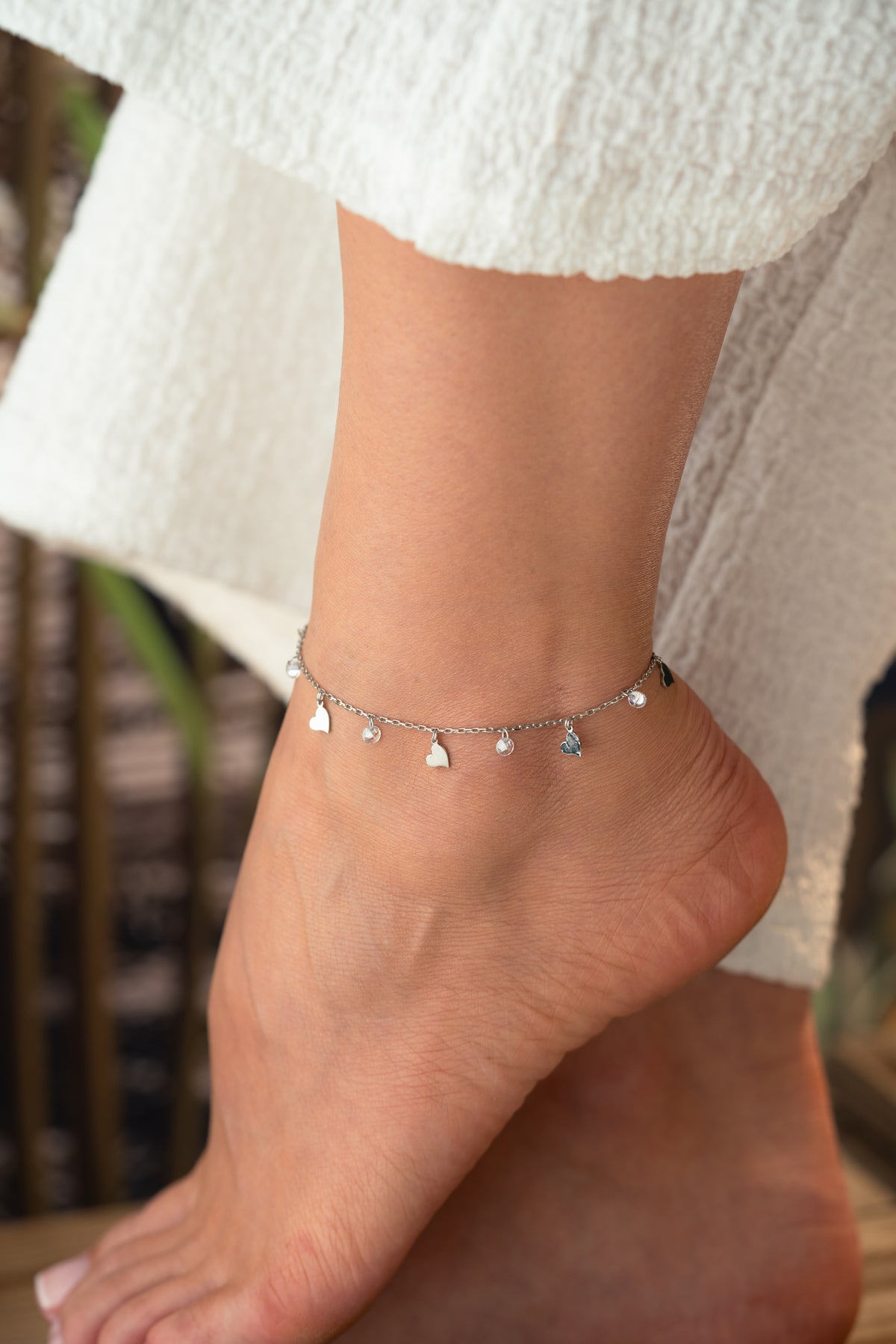 Heart Charm Crystal Anklet in Silver