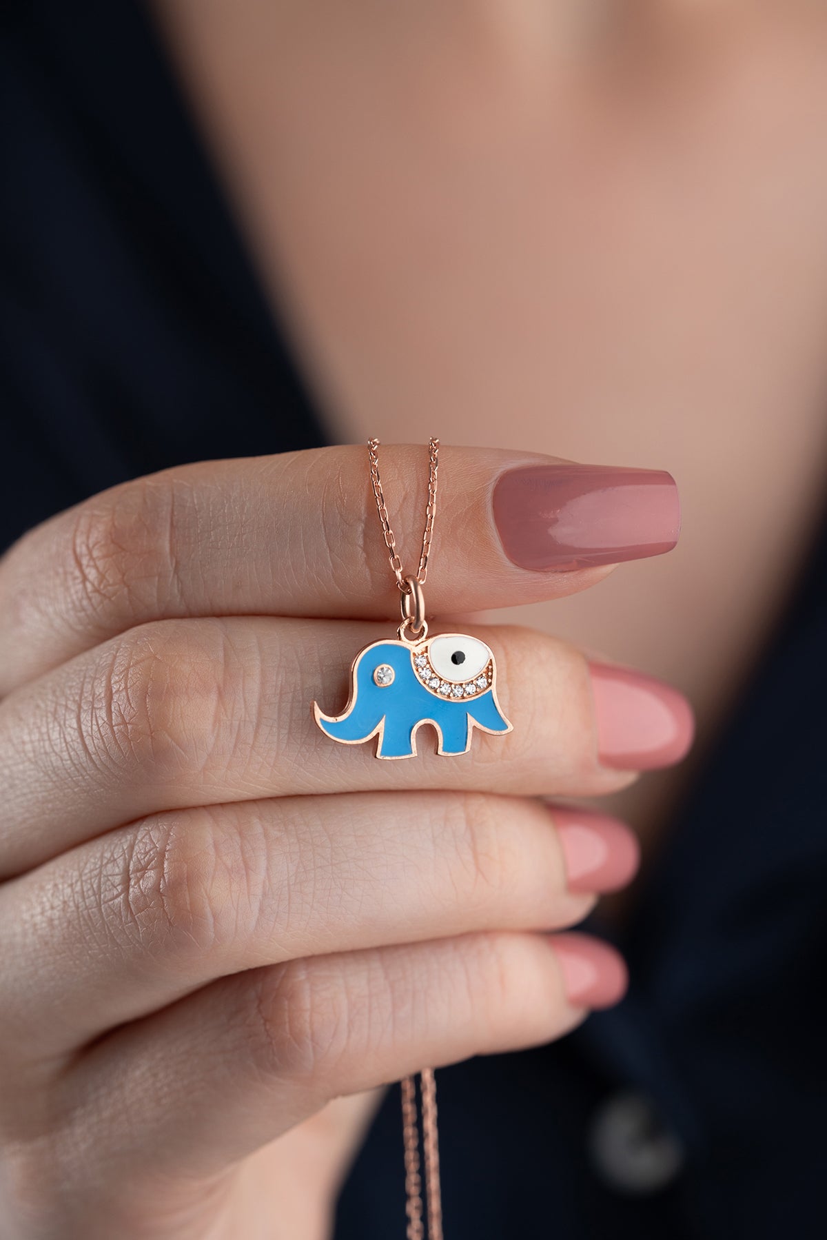 Evil Eye Elephant Charm Necklace in Rose Gold