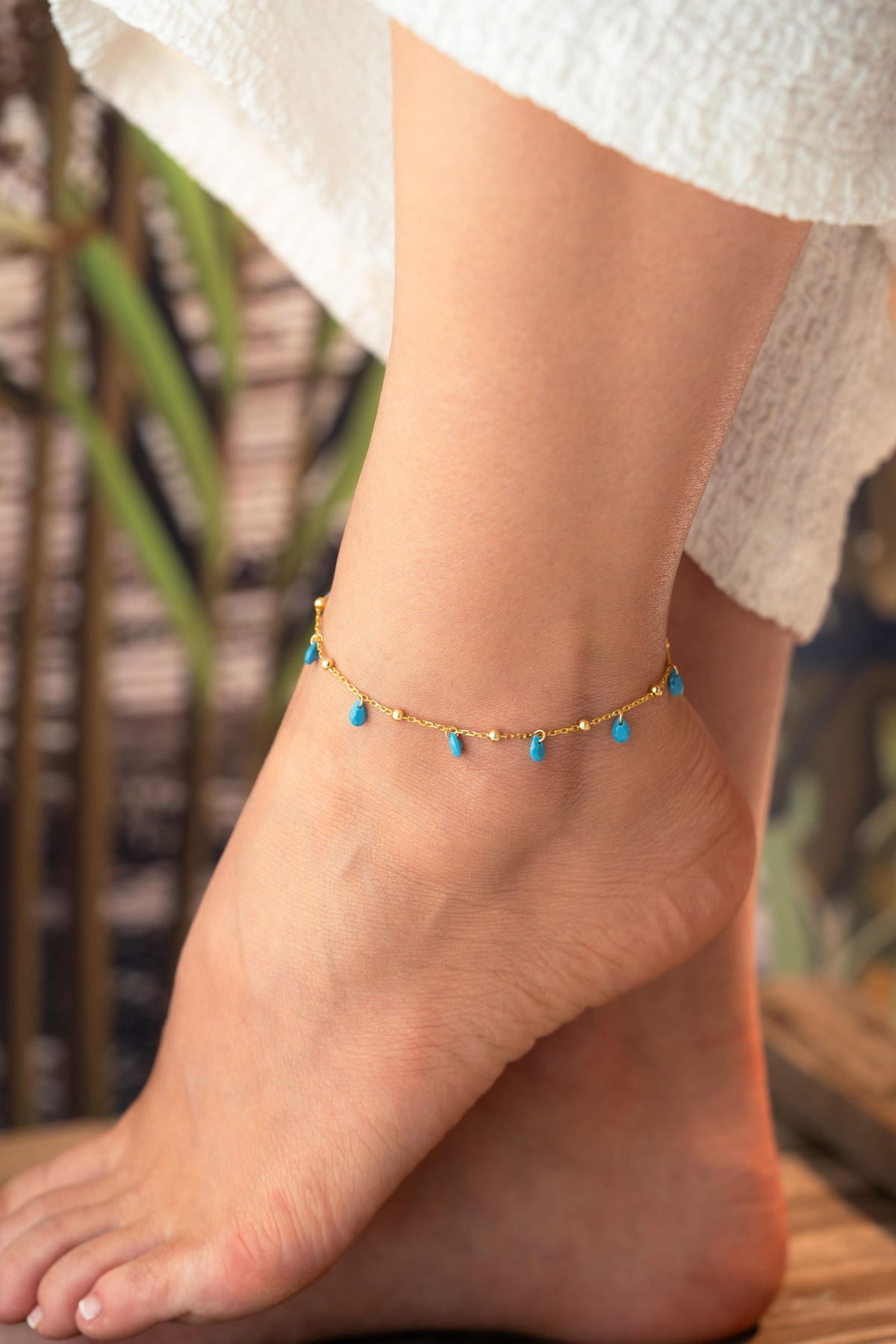 Turquoise Drop Charm Anklet in Gold