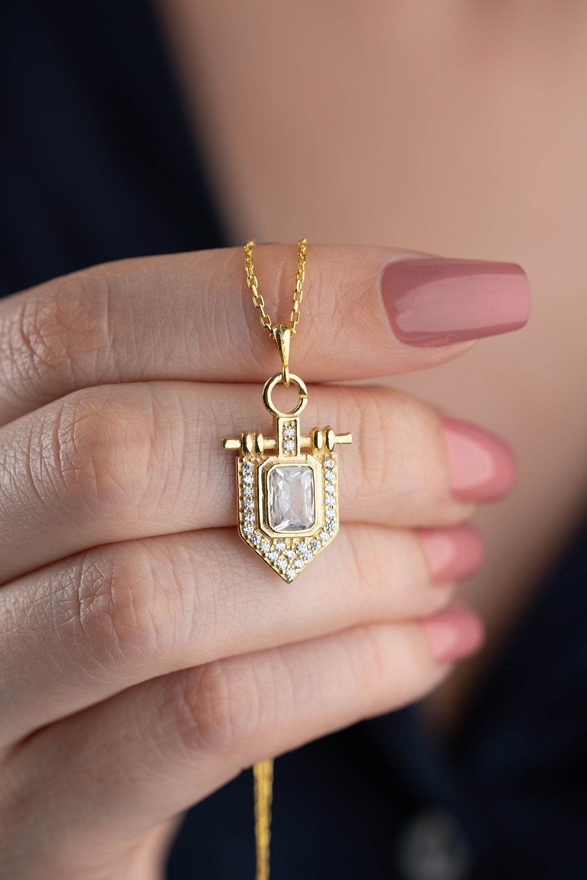 Emerald Cut Shield Pendant Necklace