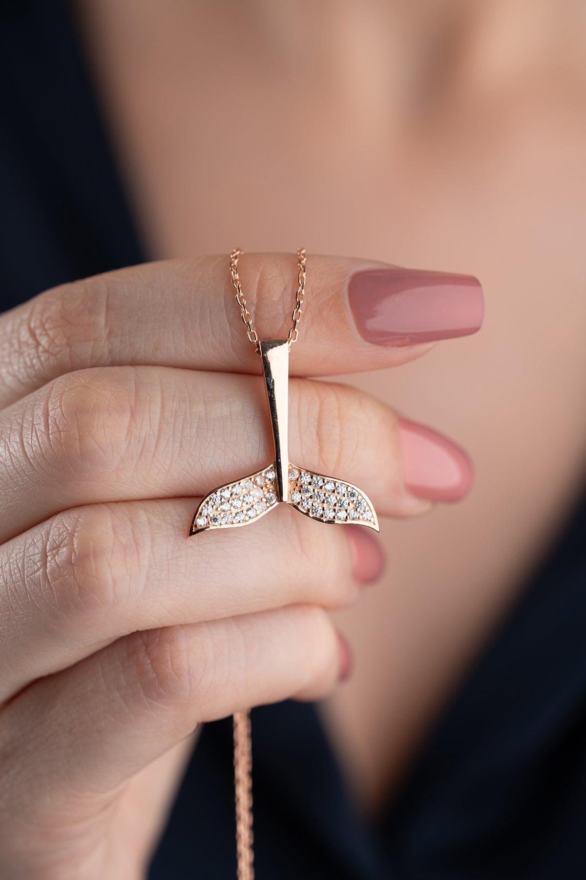 Whale Tail Pendant Necklace in Rose Gold