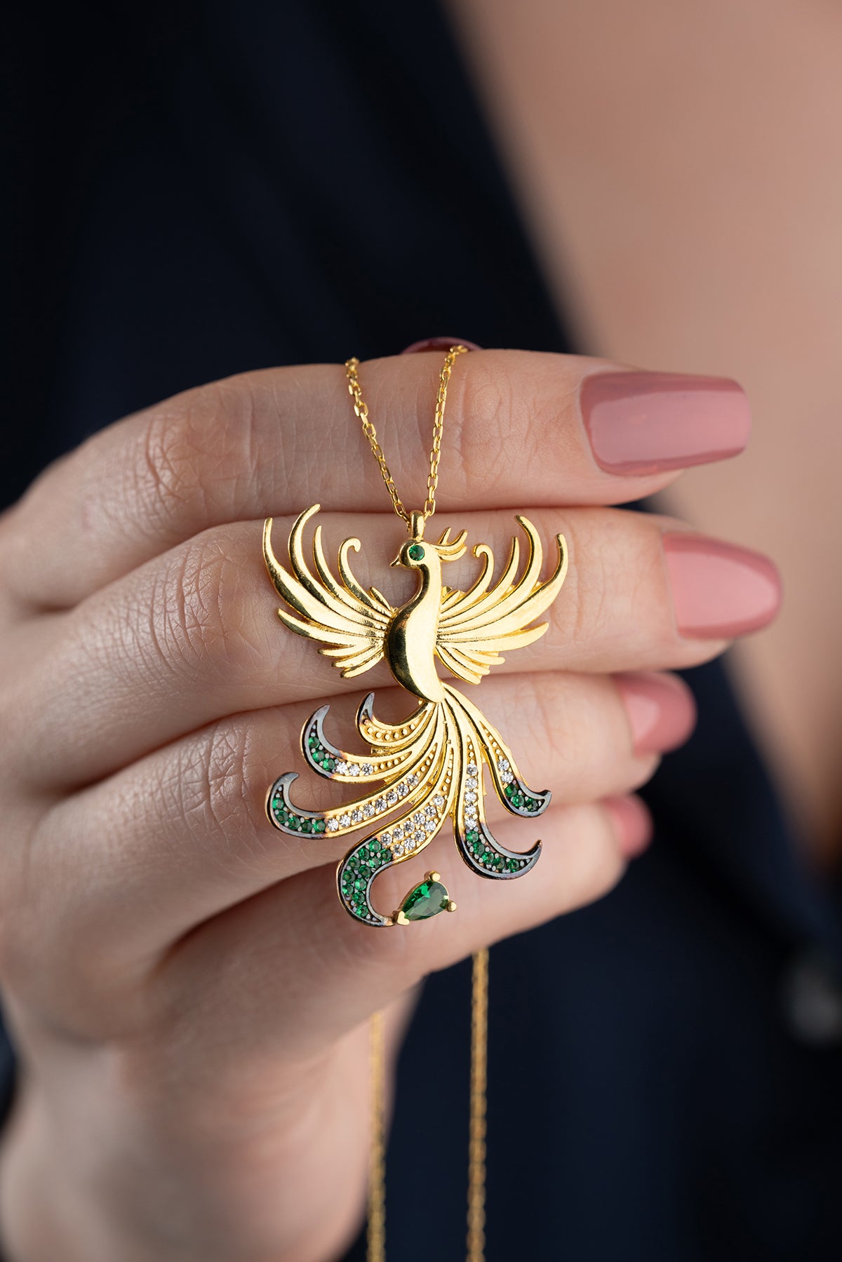 Phoenix Bird Pendant Necklace in Gold