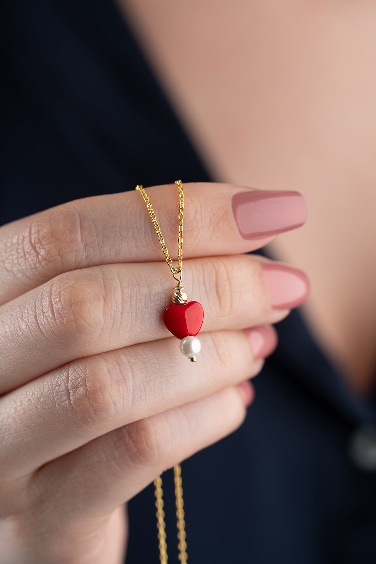 Red Heart and Pearl Charm Necklace