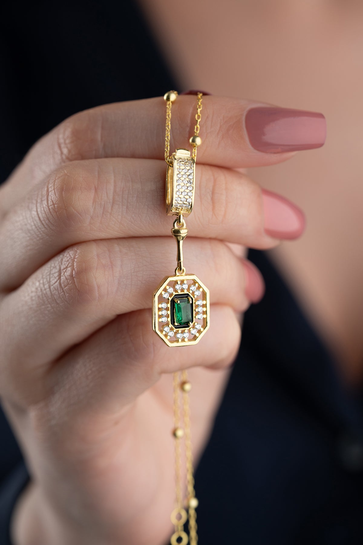 Gold Emerald Cut Halo Necklace