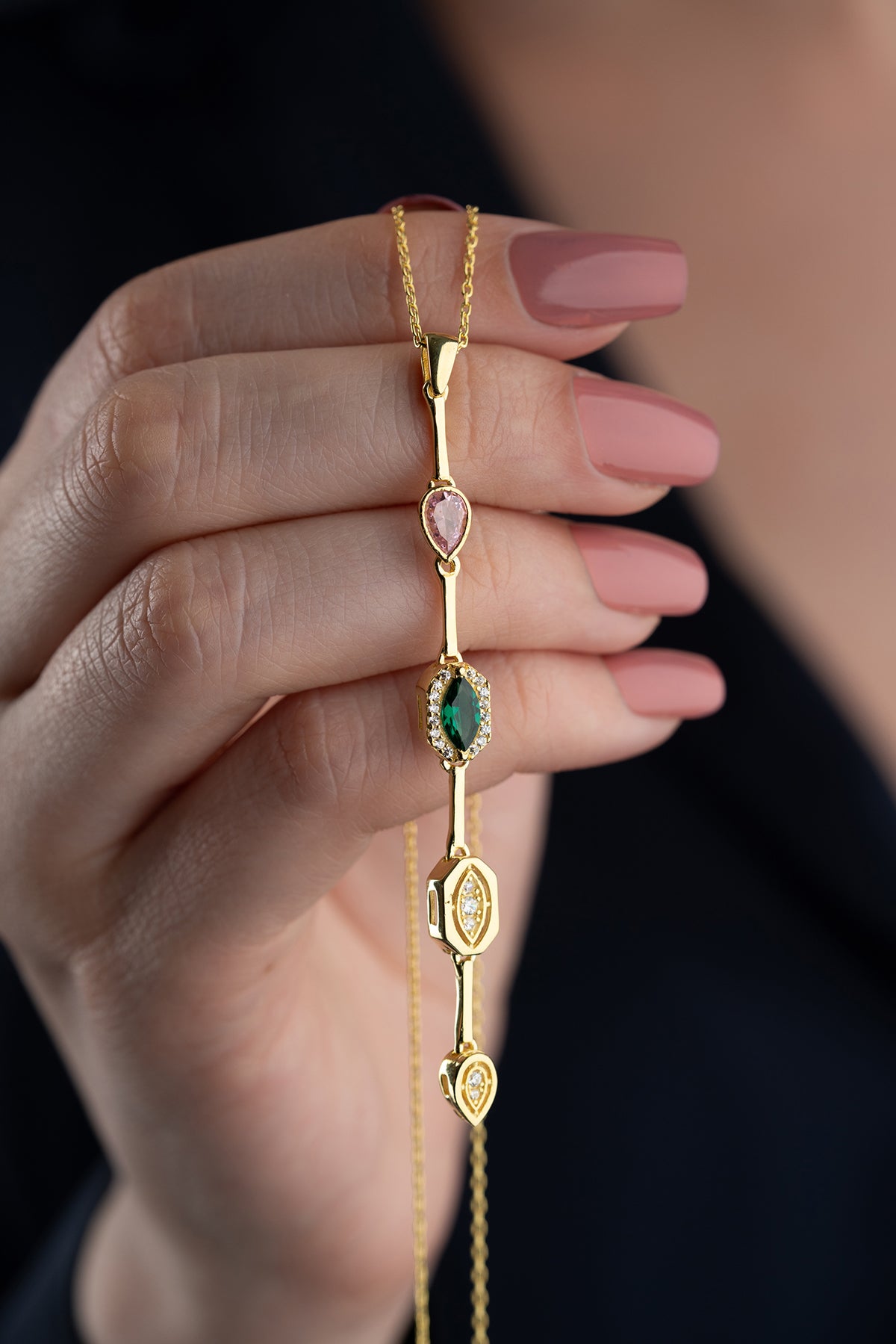 Emerald and Pink Cascade Drop Necklace