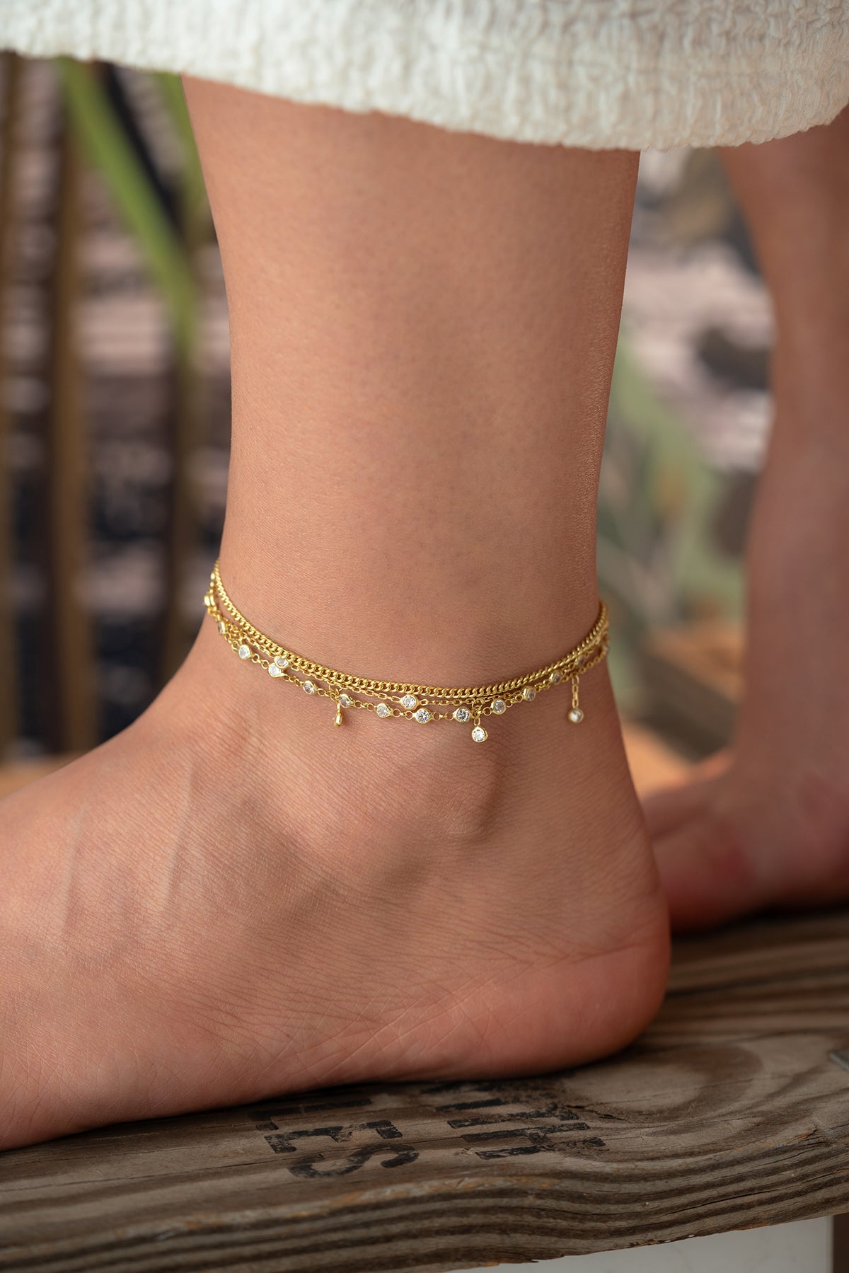 Layered Crystal Chain Anklet in Gold