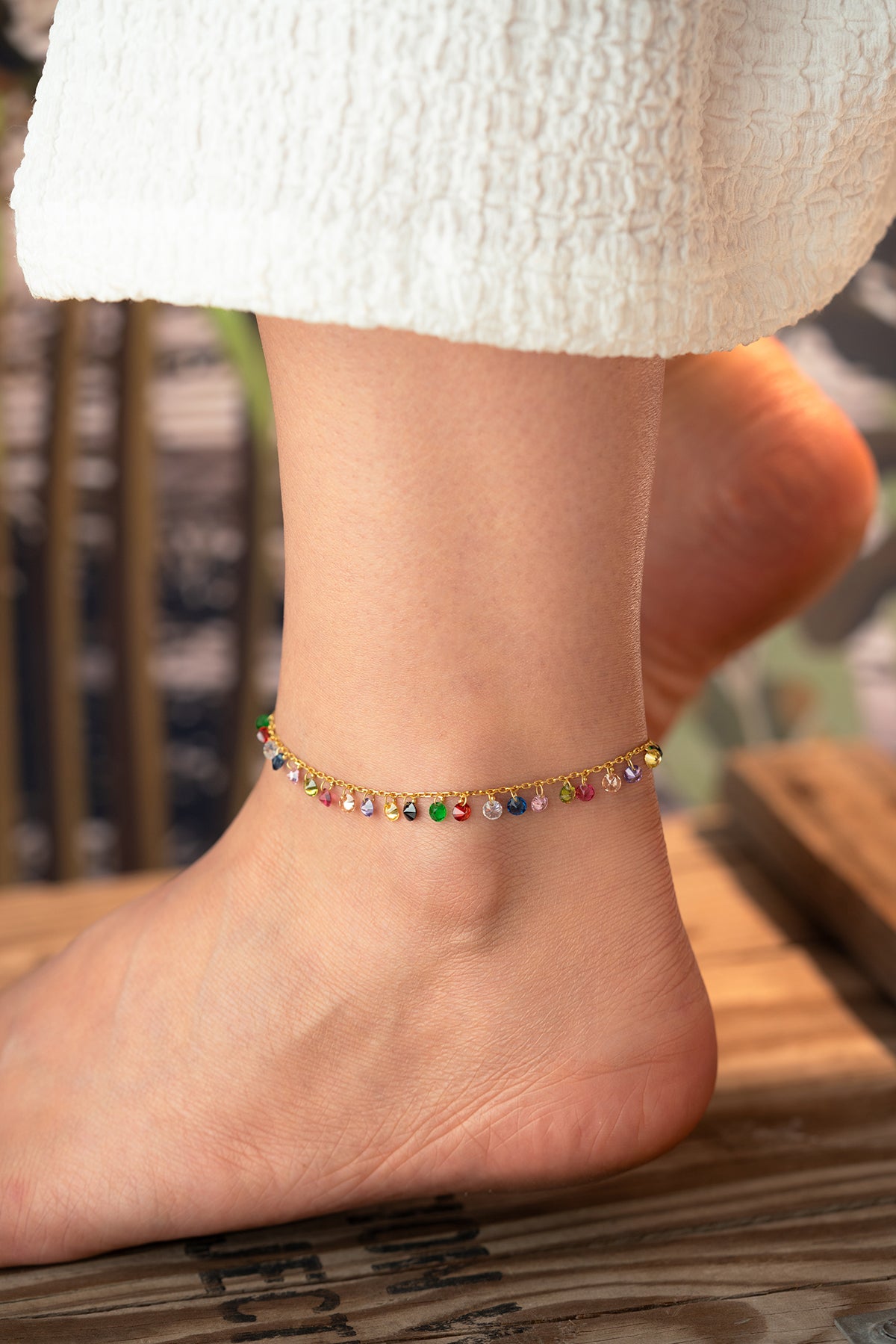 Rainbow Crystal Dangle Anklet in Gold