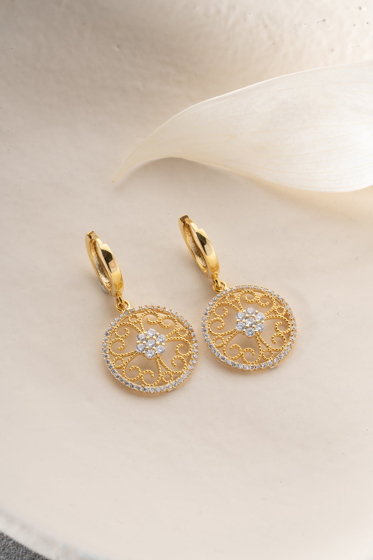 Gold Filigree Medallion Drop Earrings