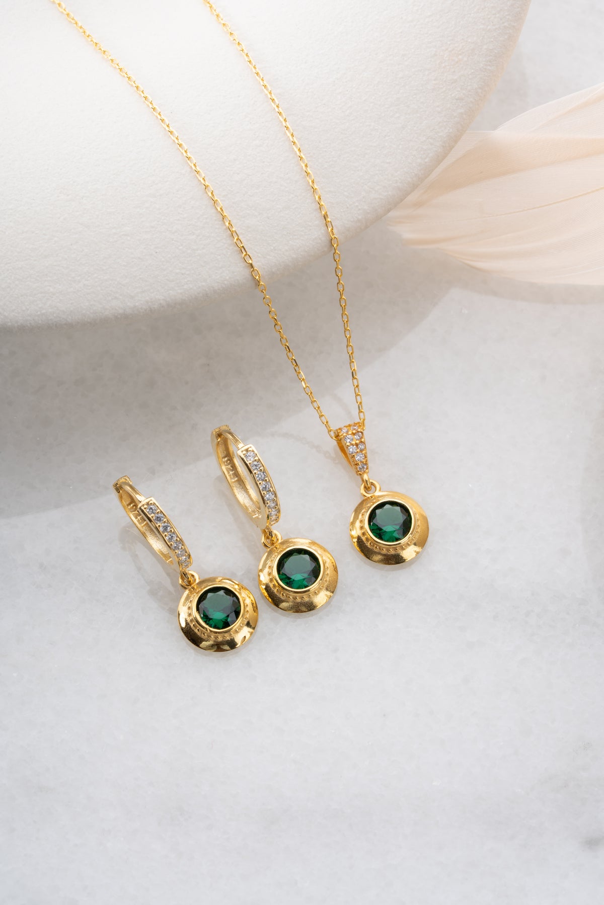 Emerald Green Halo Necklace and Earring Set
