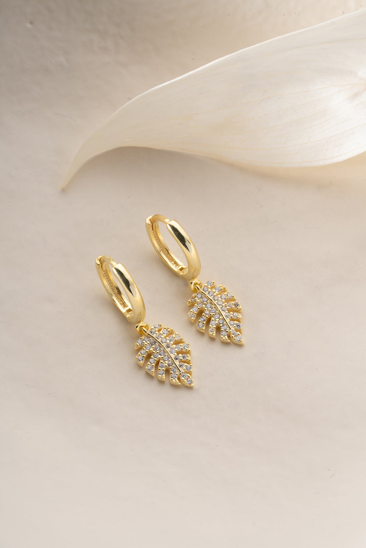 Pave Tropical Leaf Huggie Earrings