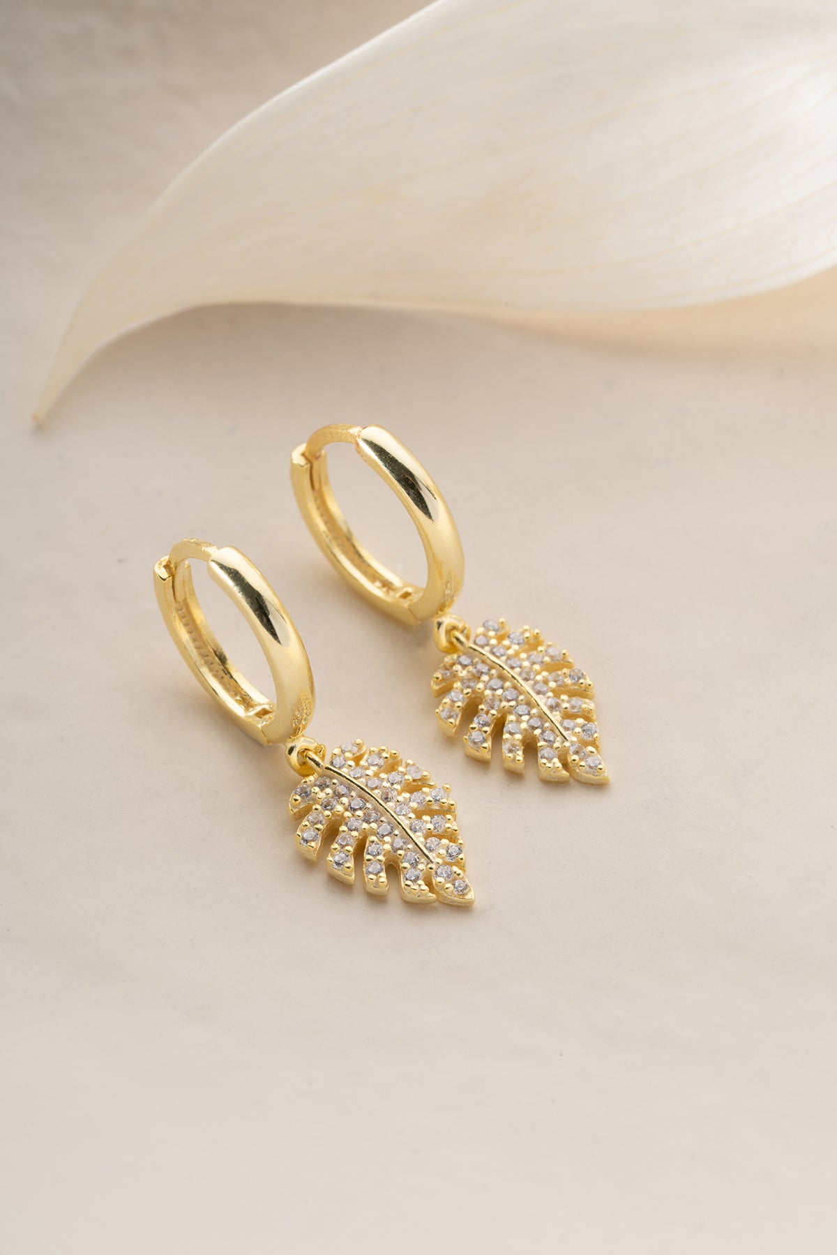 Pave Tropical Leaf Huggie Earrings