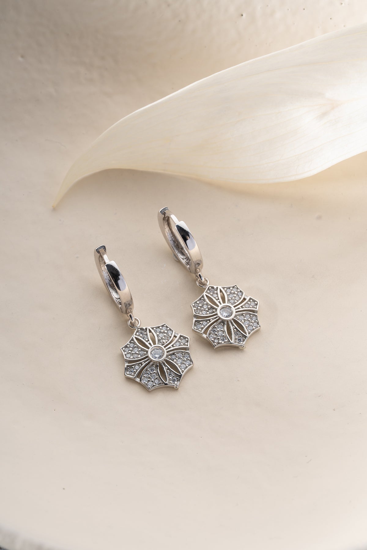 Pave Flower Medallion Drop Earrings
