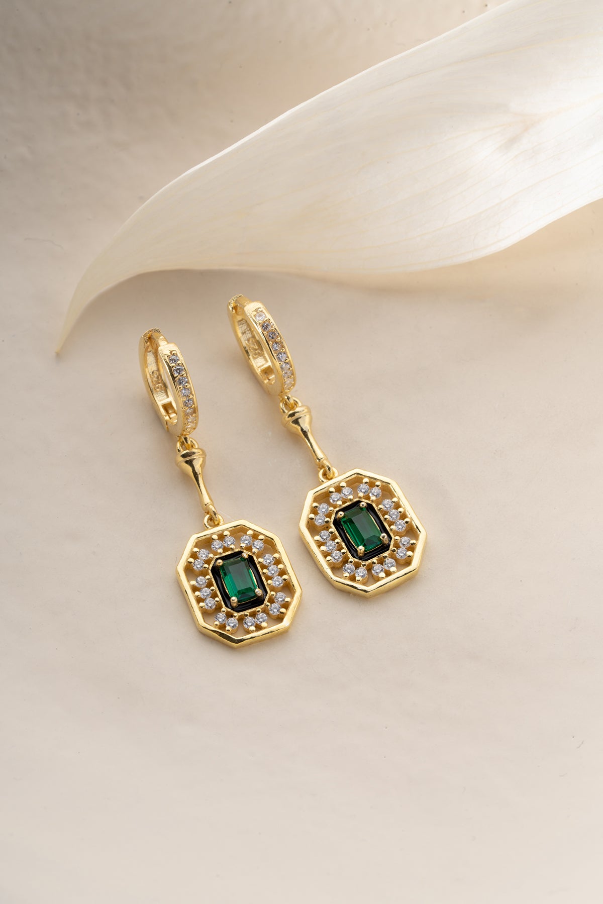 Emerald Cut Halo Drop Earrings