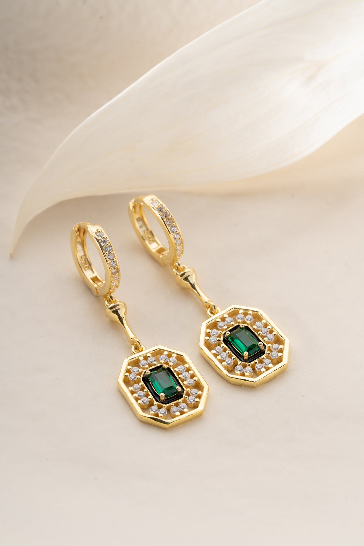 Emerald Cut Halo Drop Earrings
