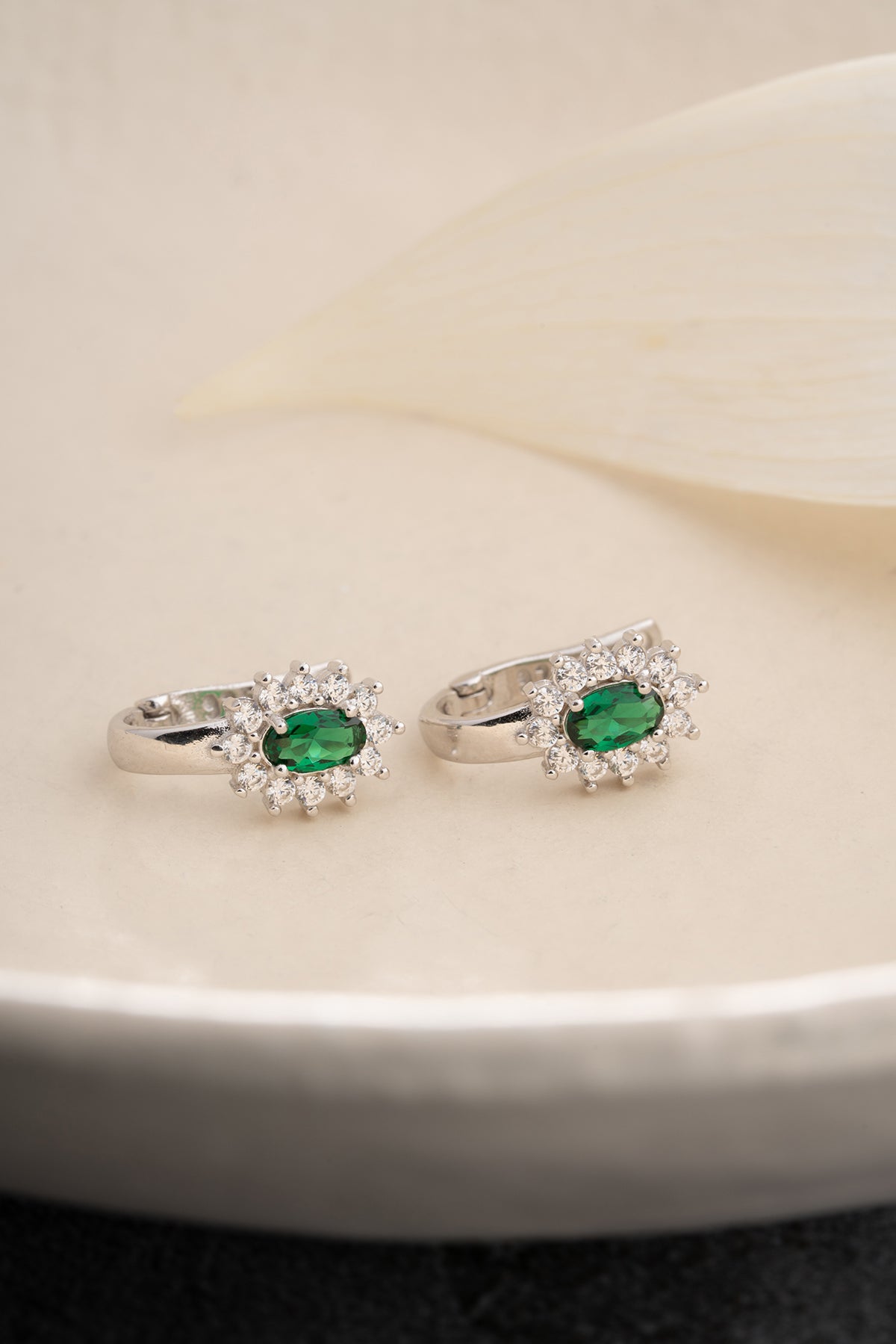 Emerald Oval Halo Huggie Earrings
