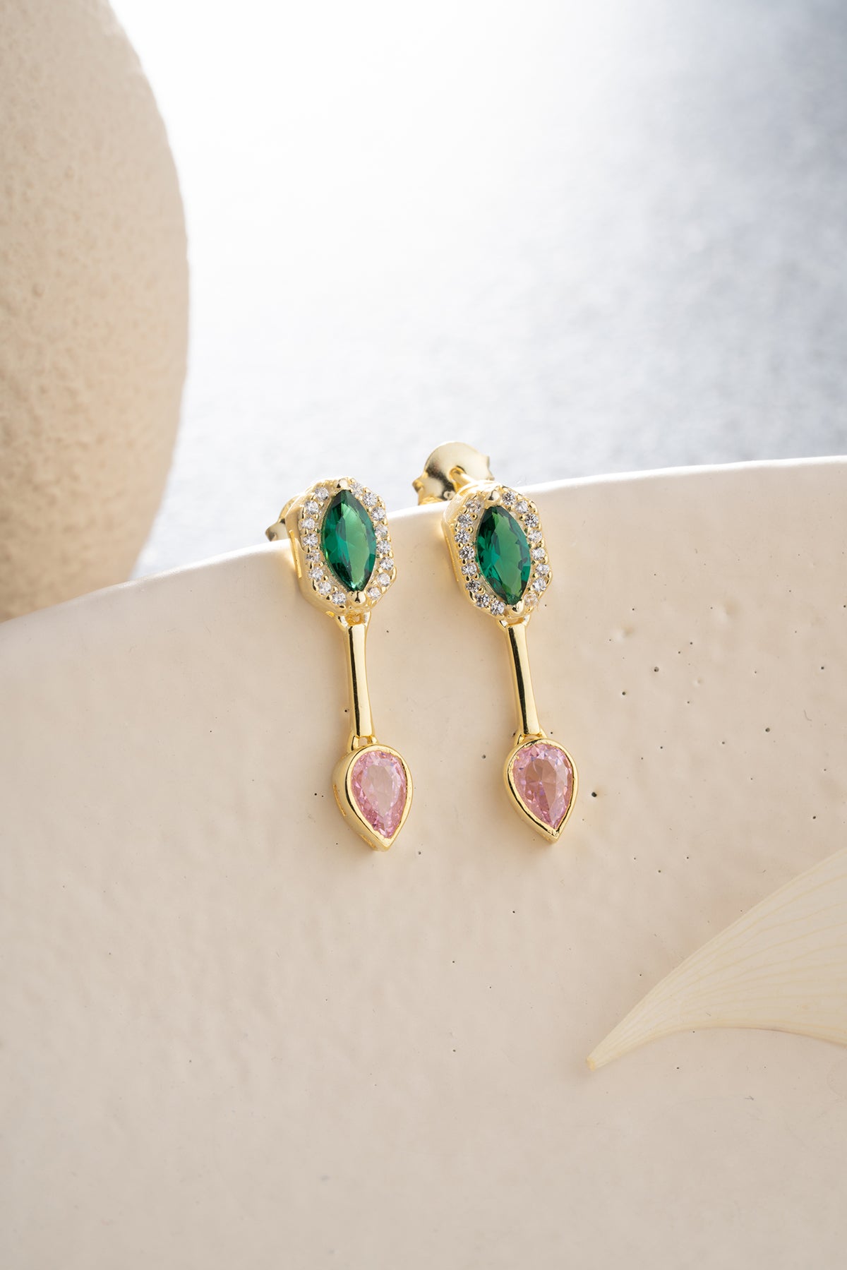 Emerald Green and Pink Crystal Drop Earrings
