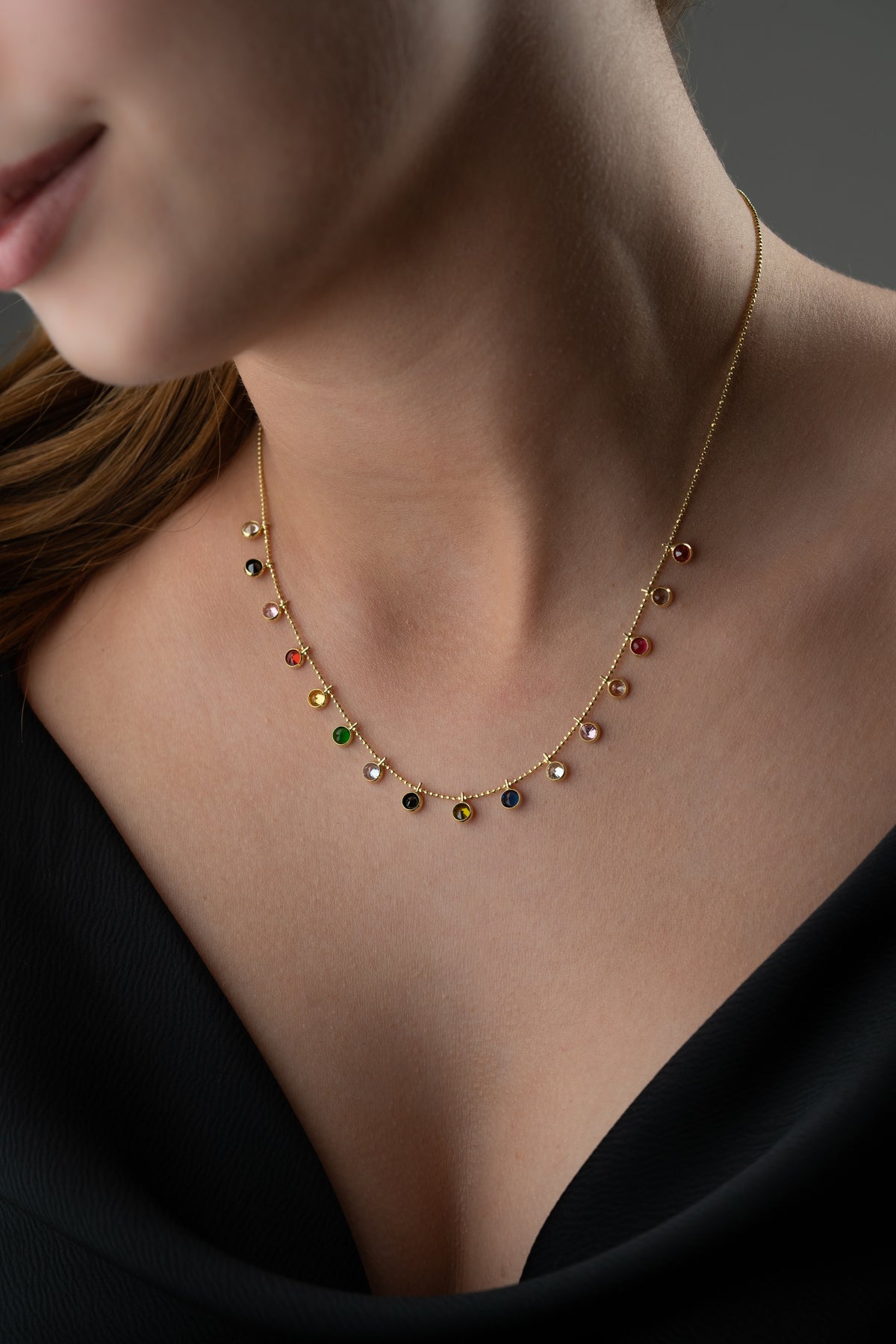Rainbow Gemstone Station Necklace in Gold