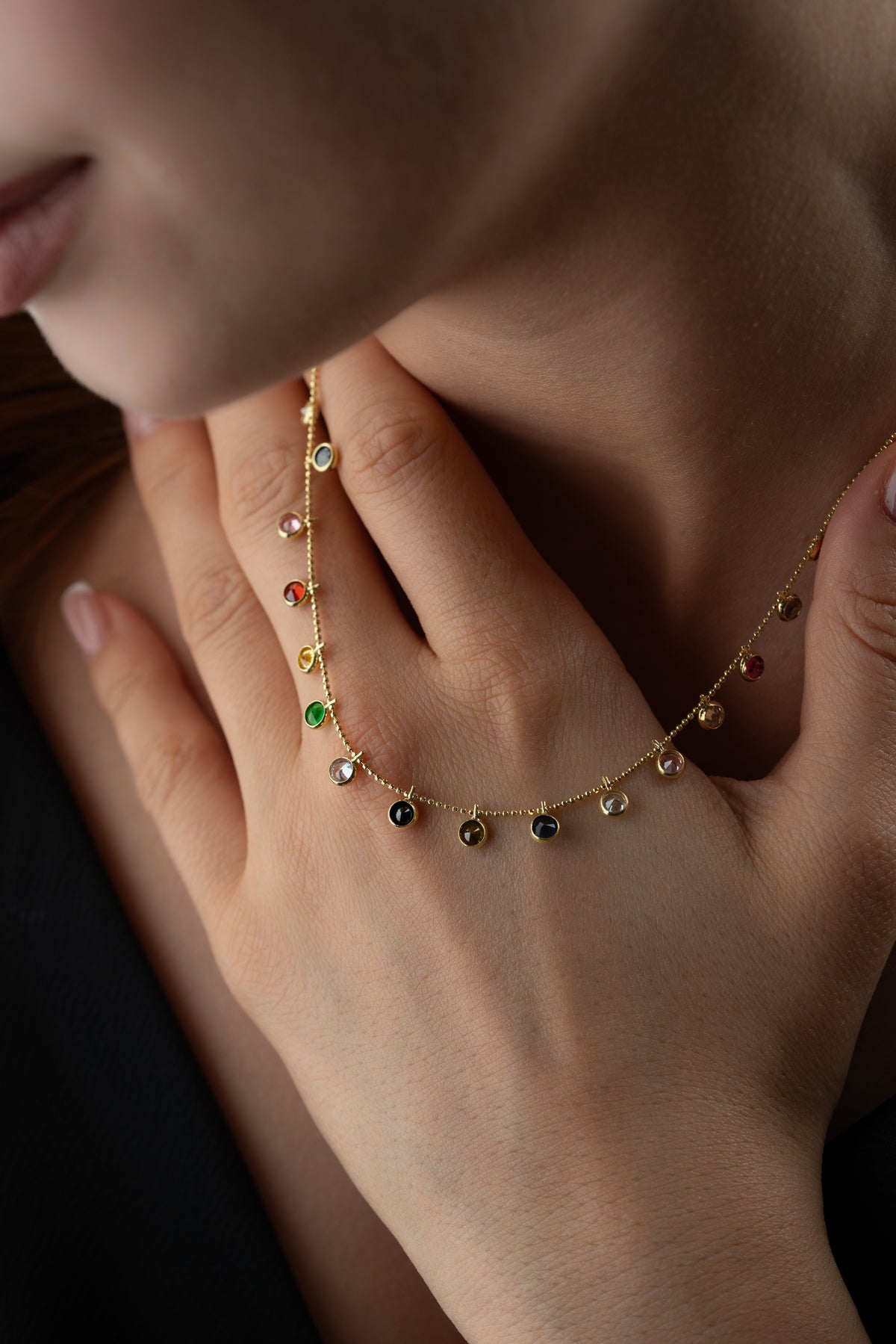 Rainbow Gemstone Station Necklace in Gold