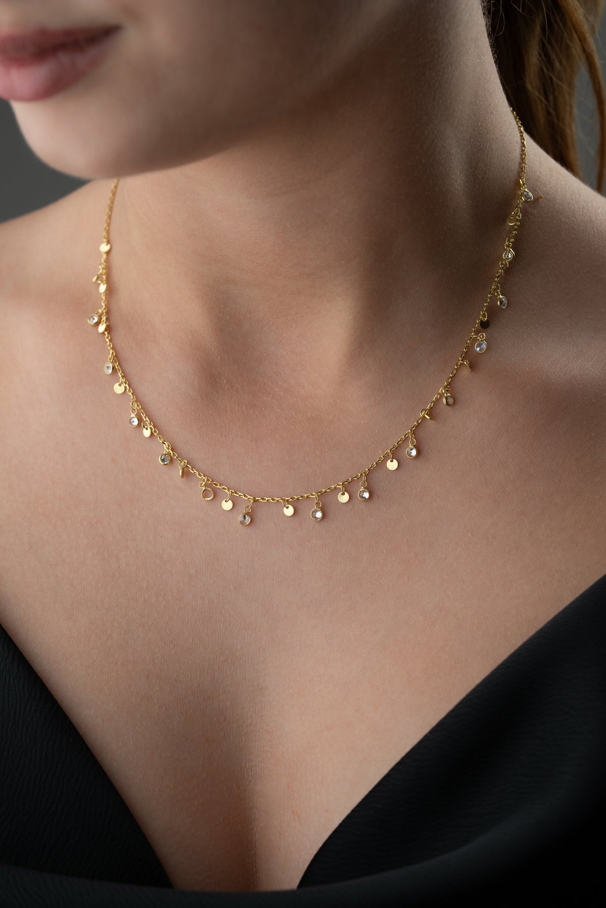 Dangling Crystal Disc Charm Necklace