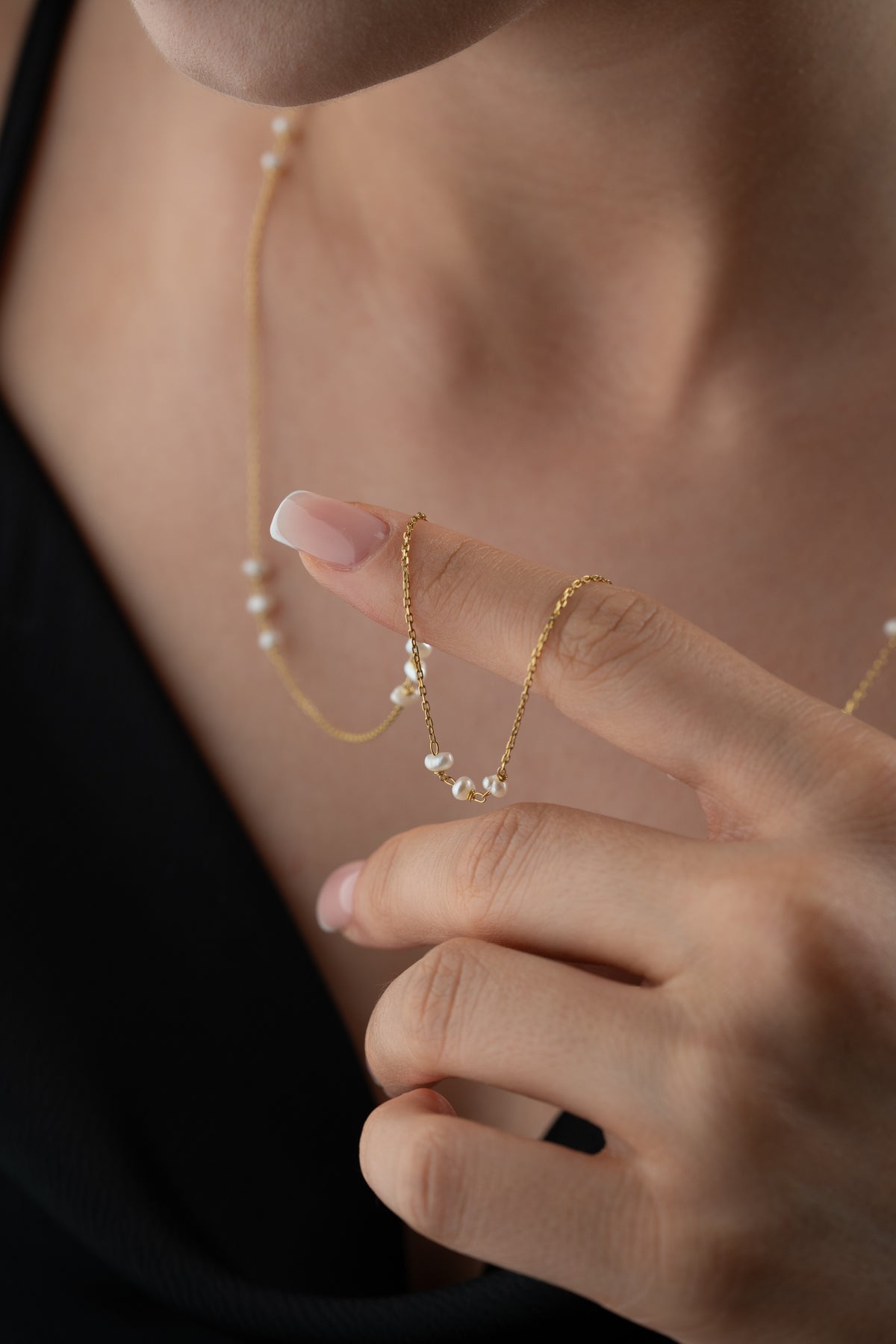 Long Pearl Station Necklace in Gold