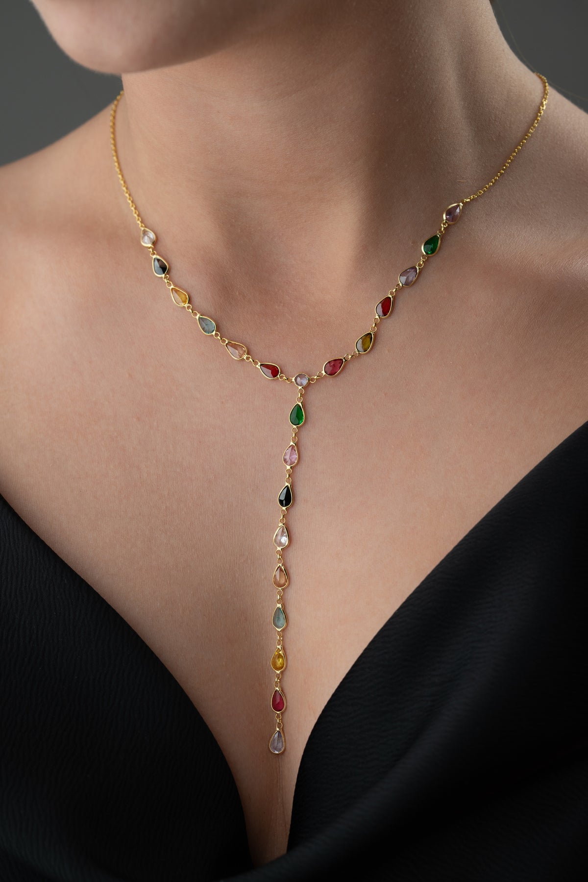 Rainbow Teardrop Y Necklace in Gold