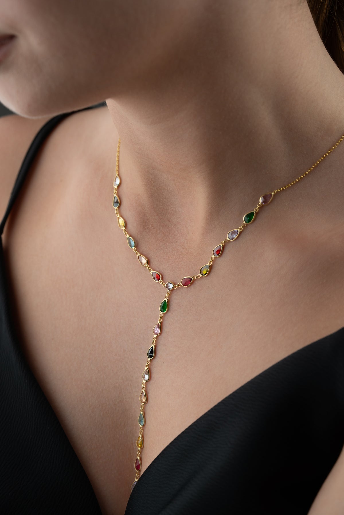 Rainbow Teardrop Y Necklace in Gold