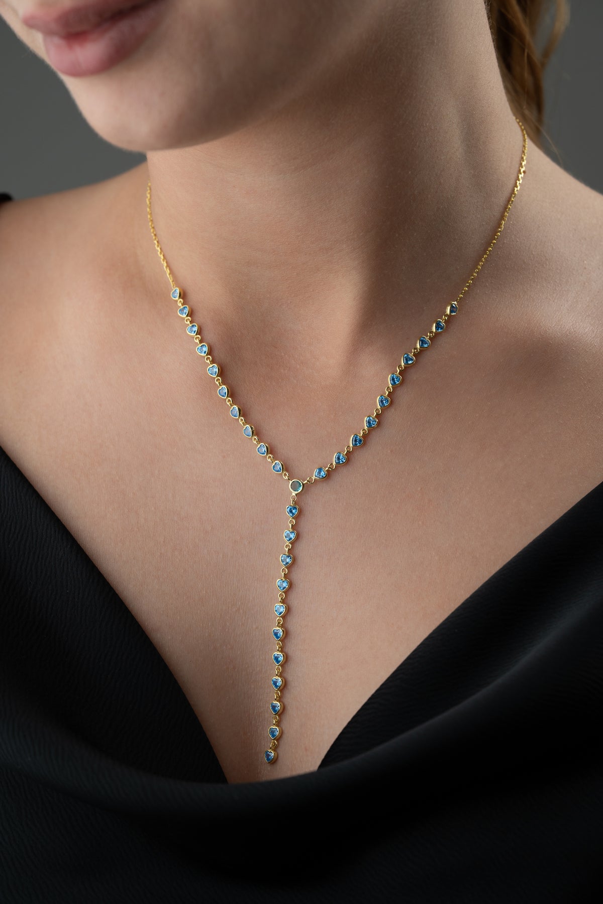 Blue Heart Crystal Lariat Necklace in Gold