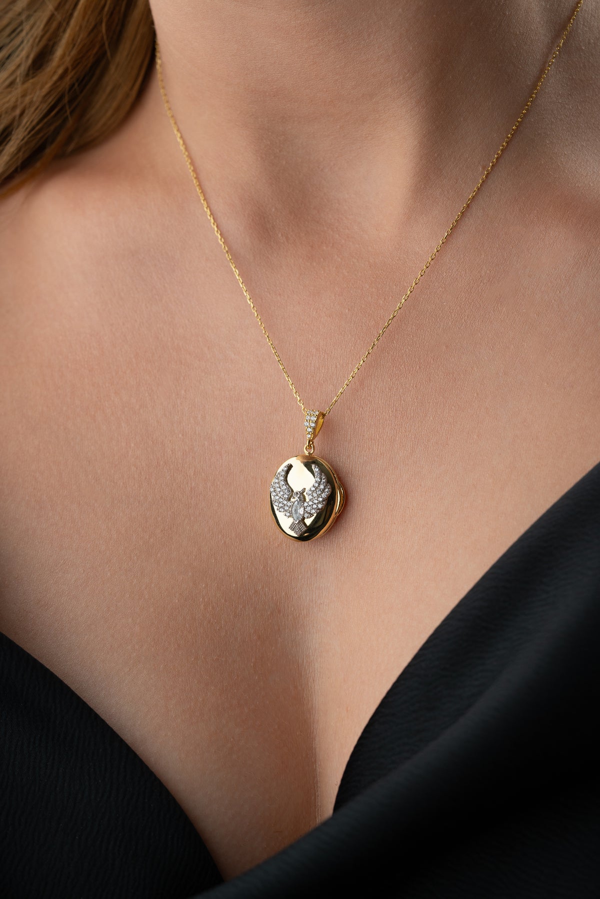 Phoenix Wings Oval Locket Necklace