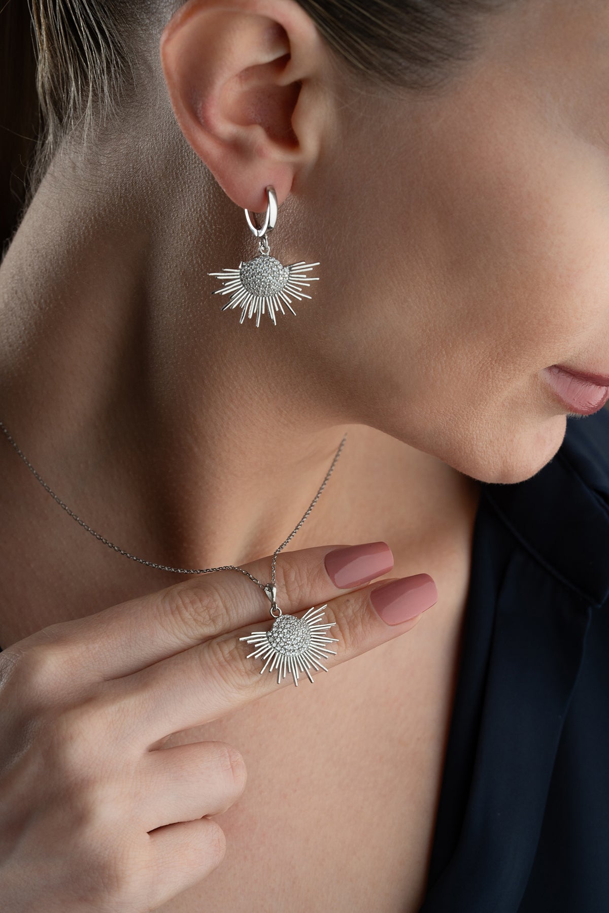 Sunburst Pave Necklace and Earring Set