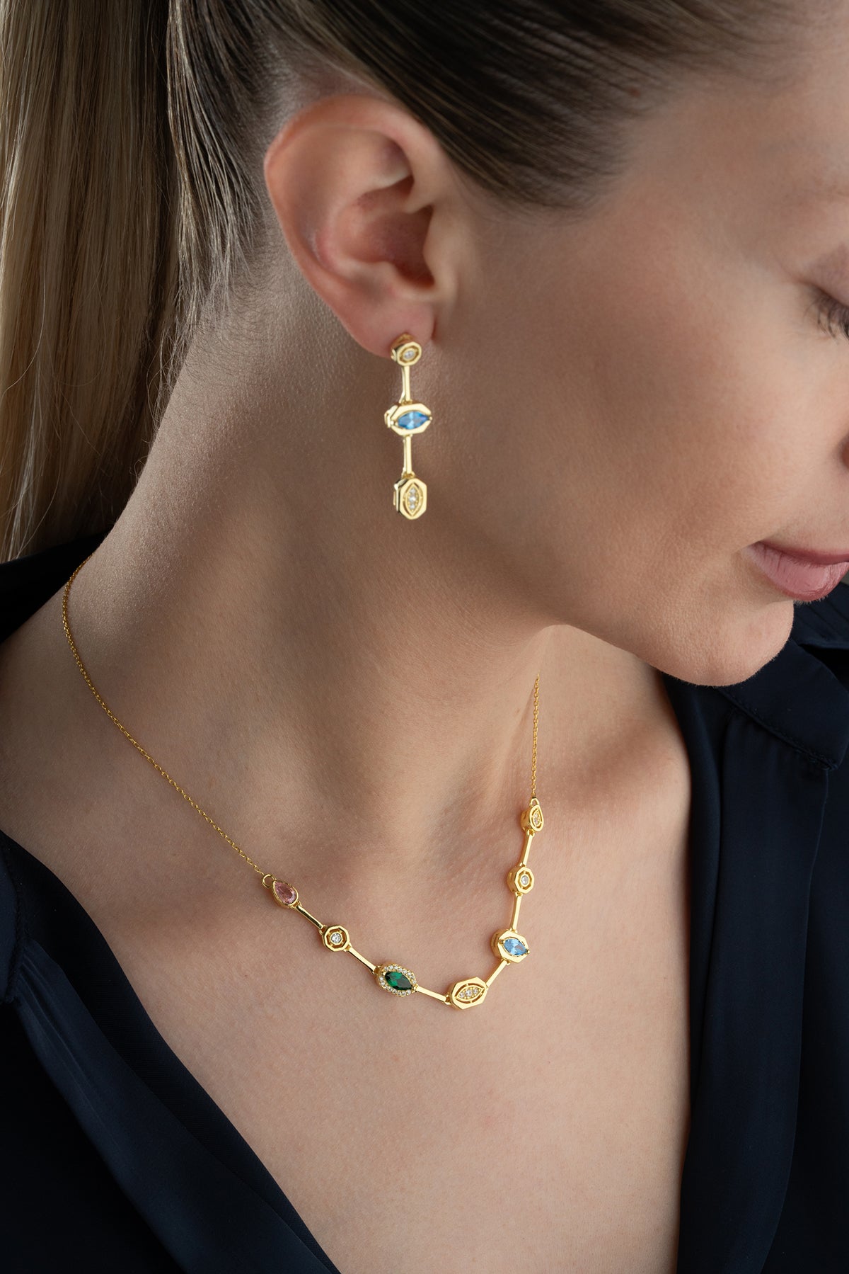 Multicolor Gemstone Drop Necklace and Earring Set