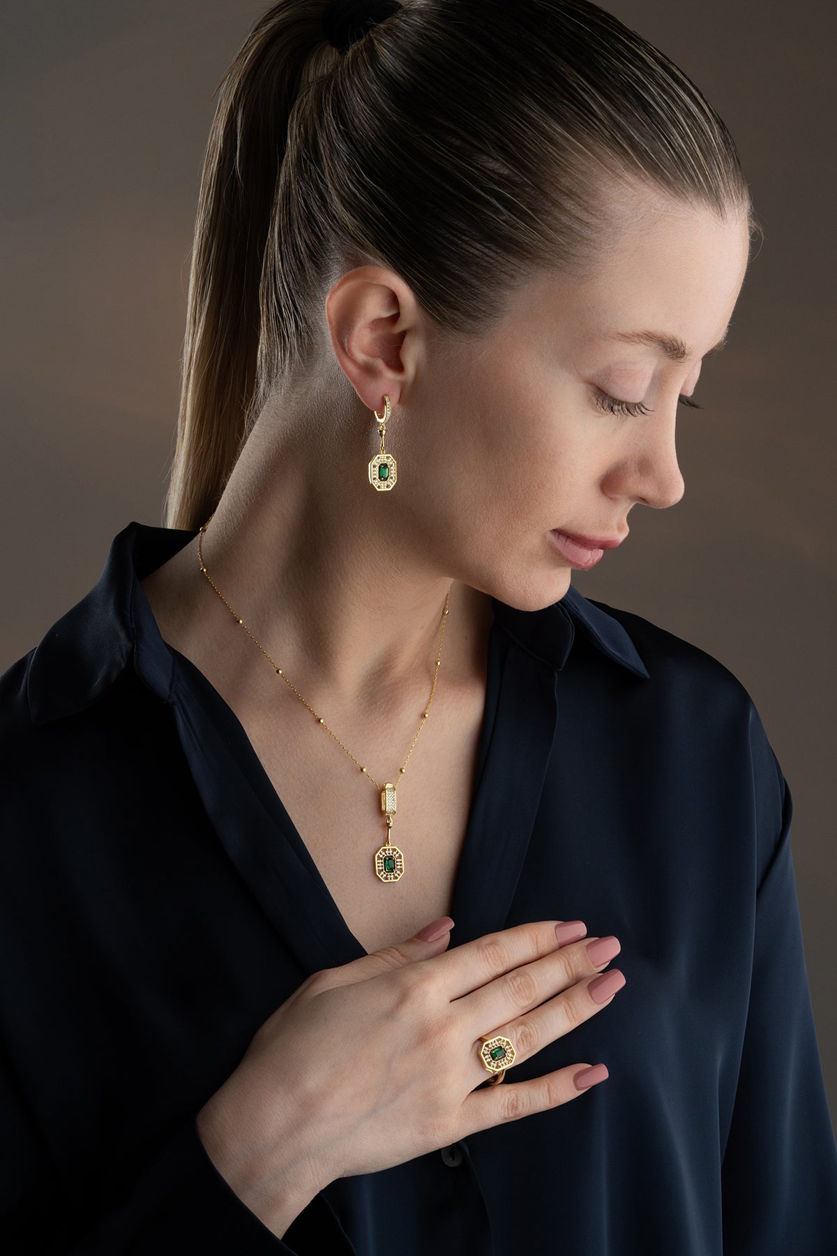 Emerald Halo Octagon Jewelry Set