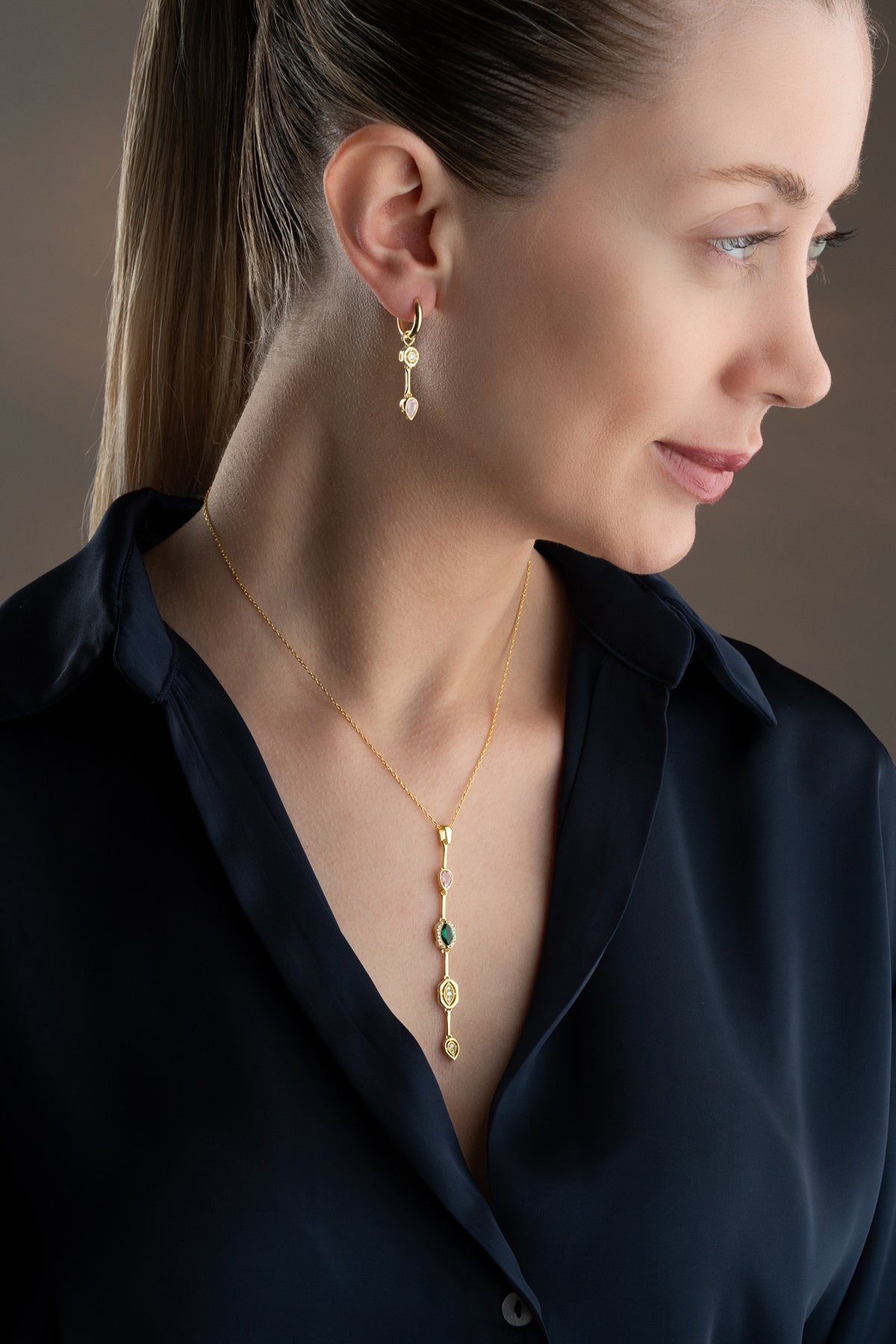 Emerald and Pink Crystal Drop Jewelry Set