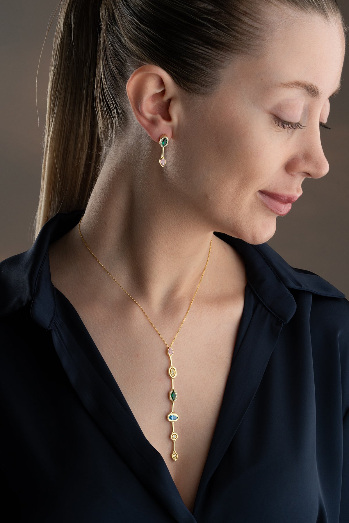Multicolor Gemstone Drop Necklace and Earring Set