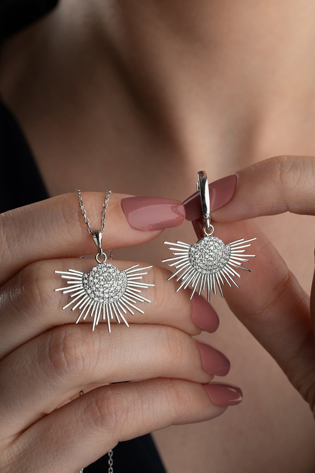 Sunburst Pave Necklace and Earring Set