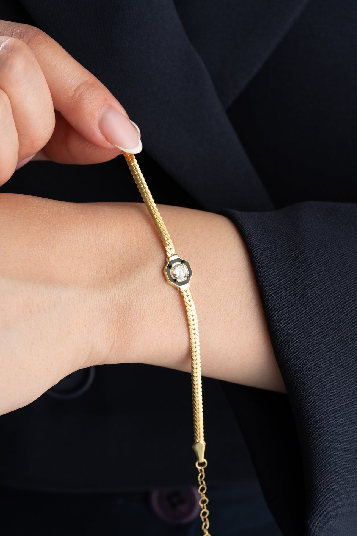 Black Enamel Crystal Snake Chain Bracelet