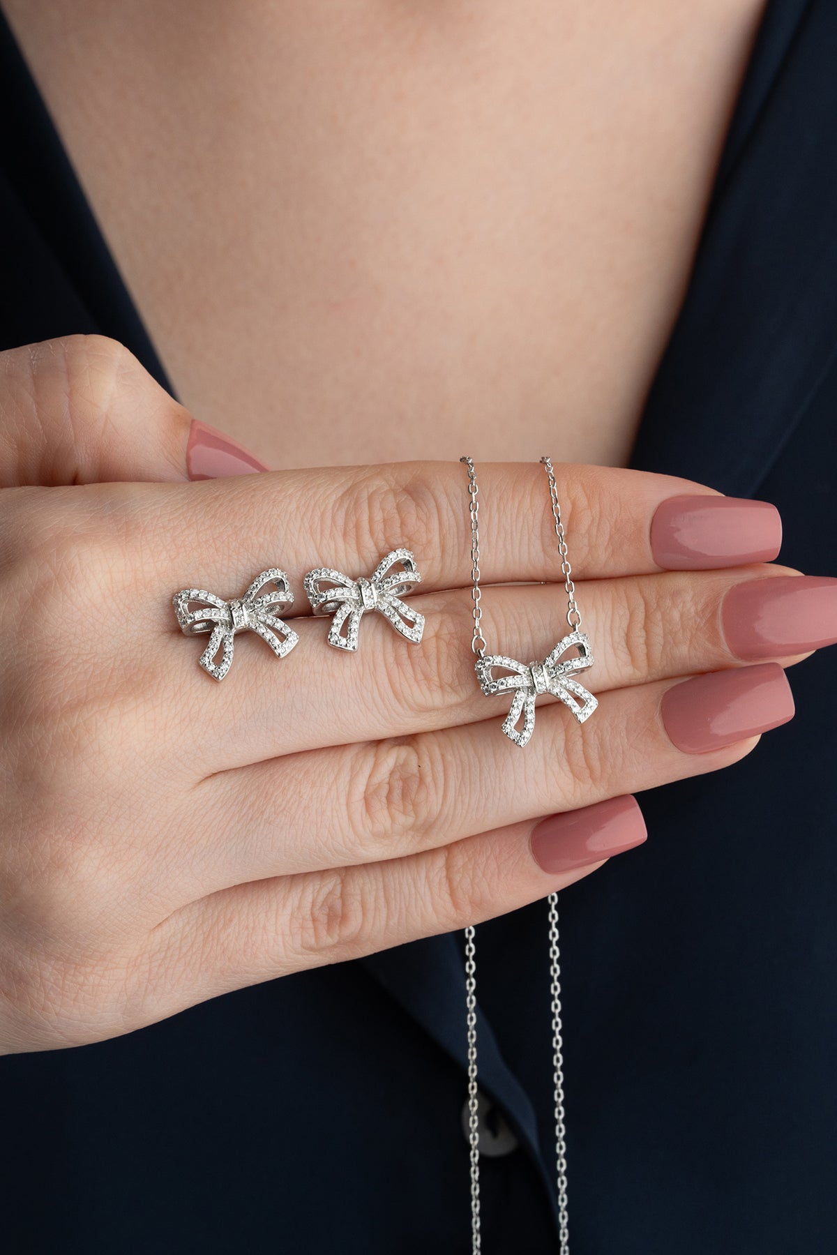 Pave Crystal Bow Necklace and Earring Set