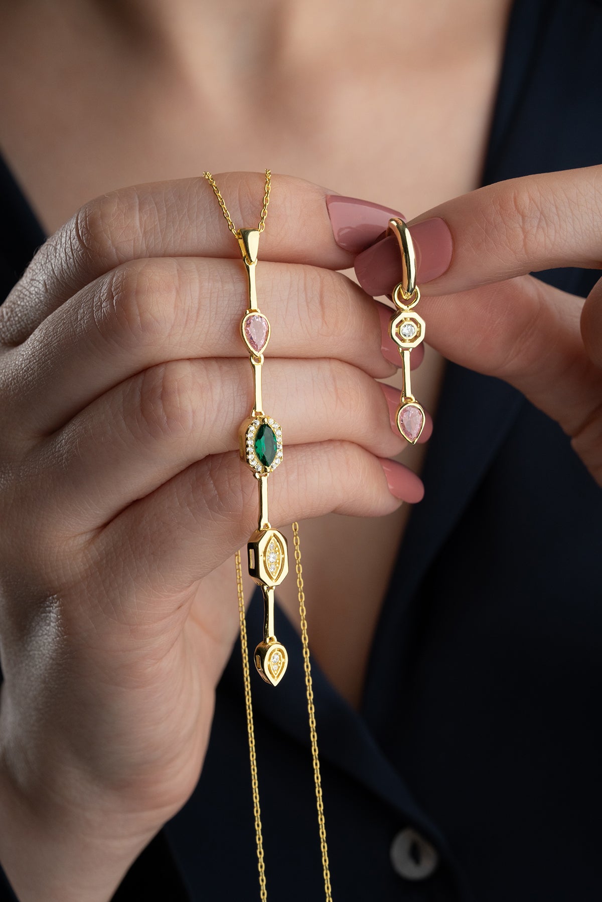 Emerald and Pink Crystal Drop Jewelry Set