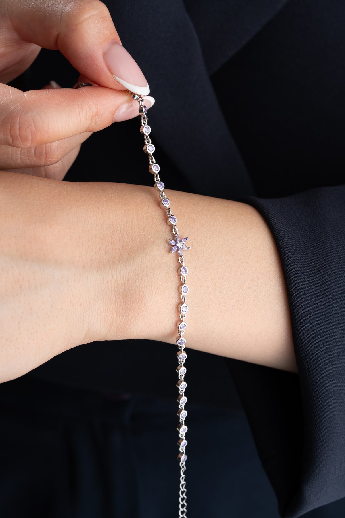 Amethyst Flower Tennis Bracelet in Silver