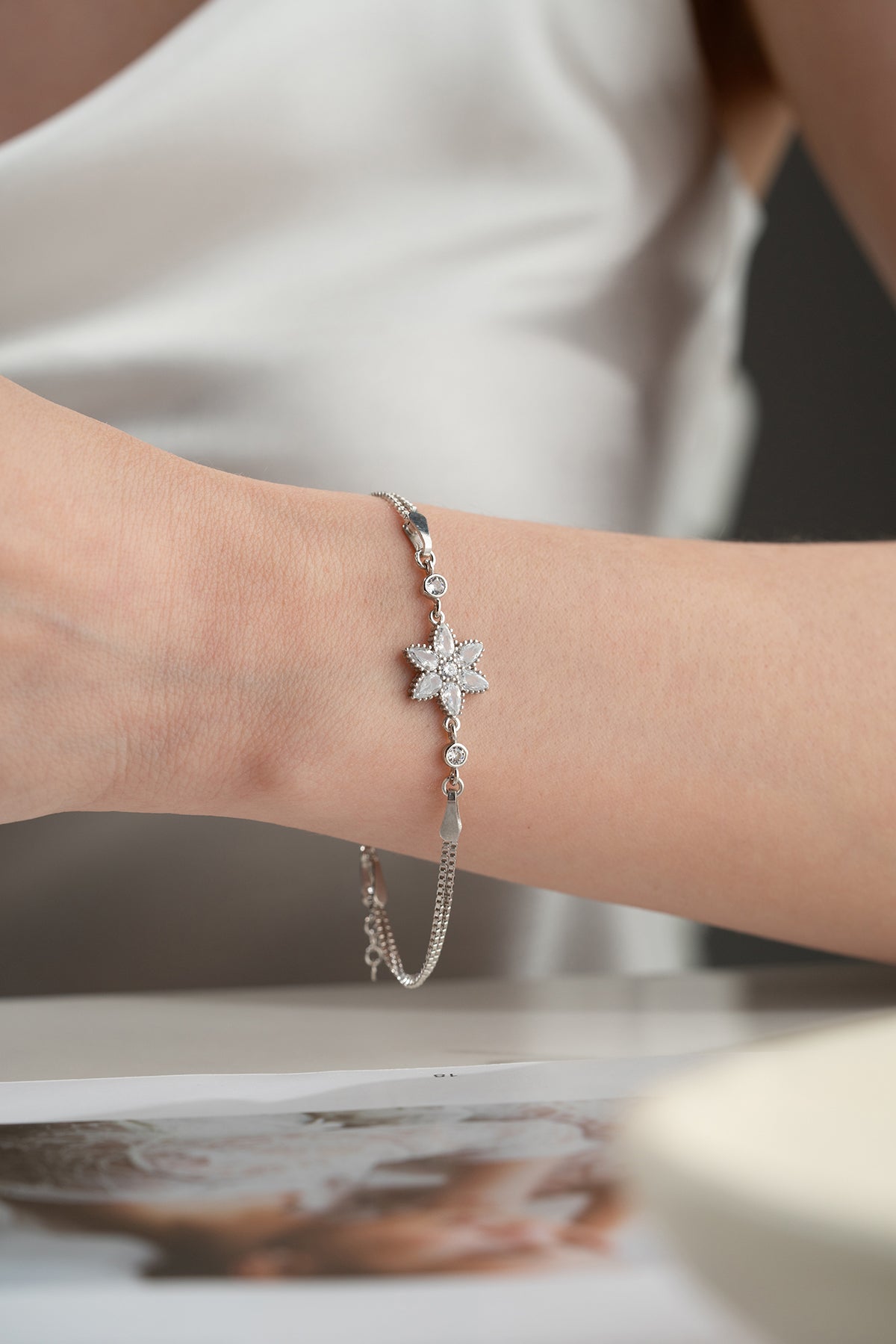 Crystal Flower Charm Bracelet in Silver