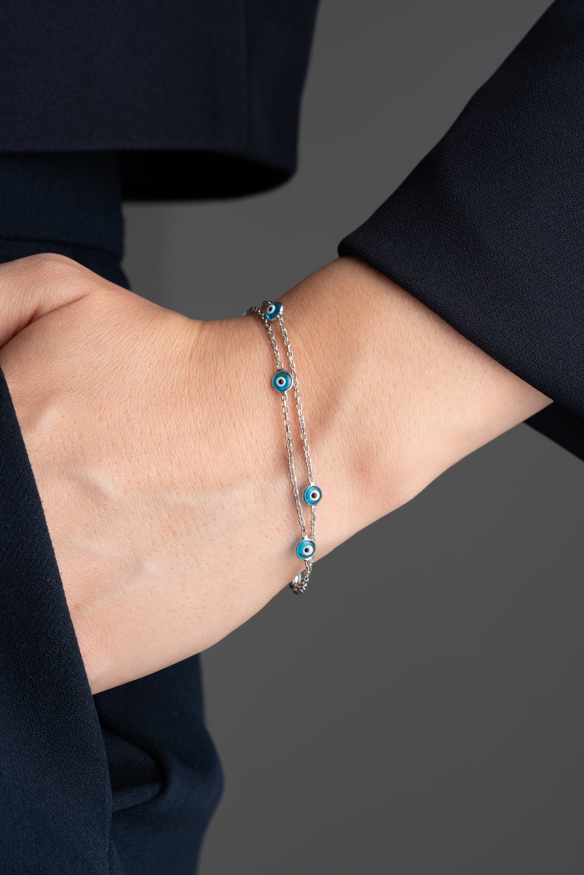 Double Chain Evil Eye Bracelet in Silver