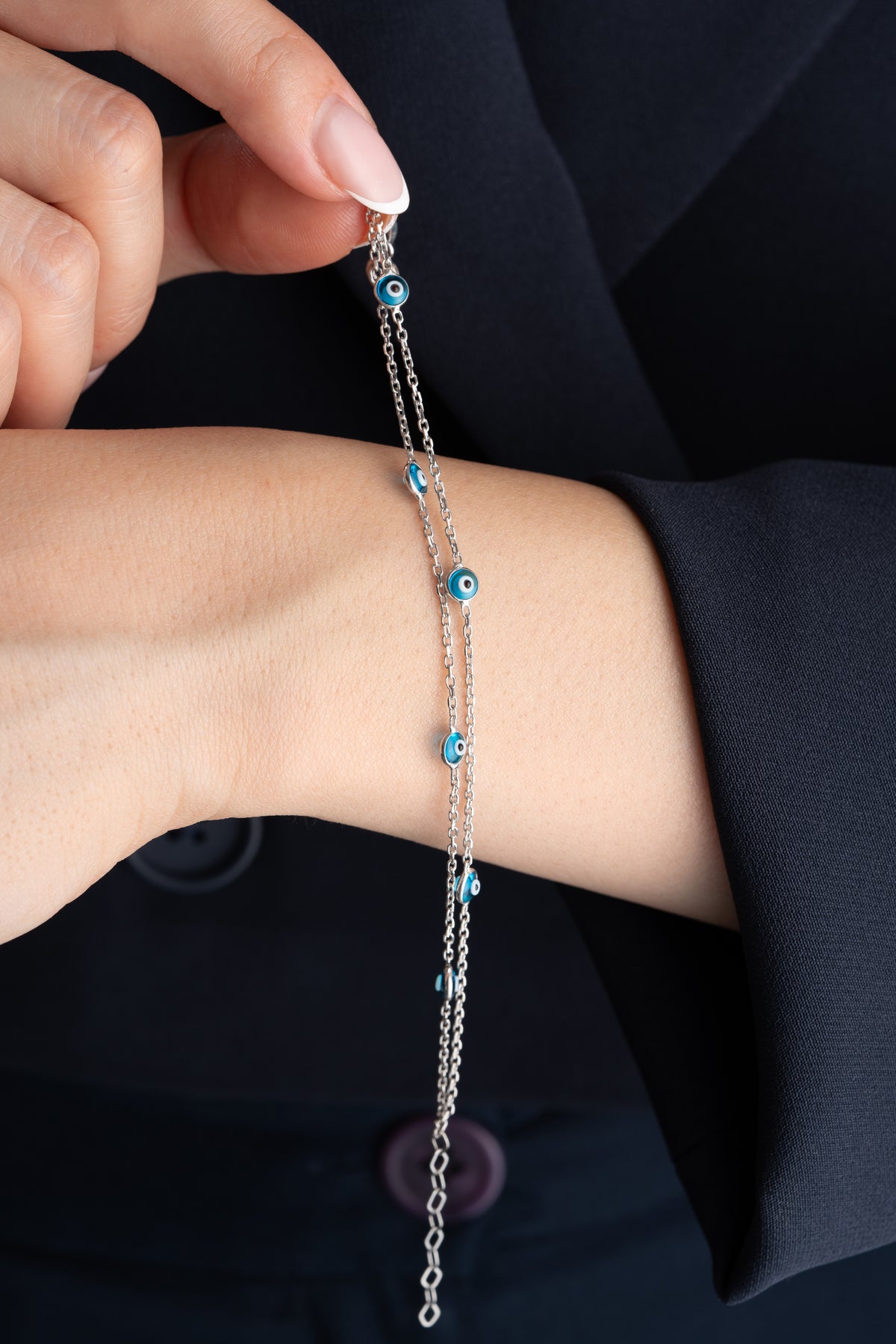 Double Chain Evil Eye Bracelet in Silver