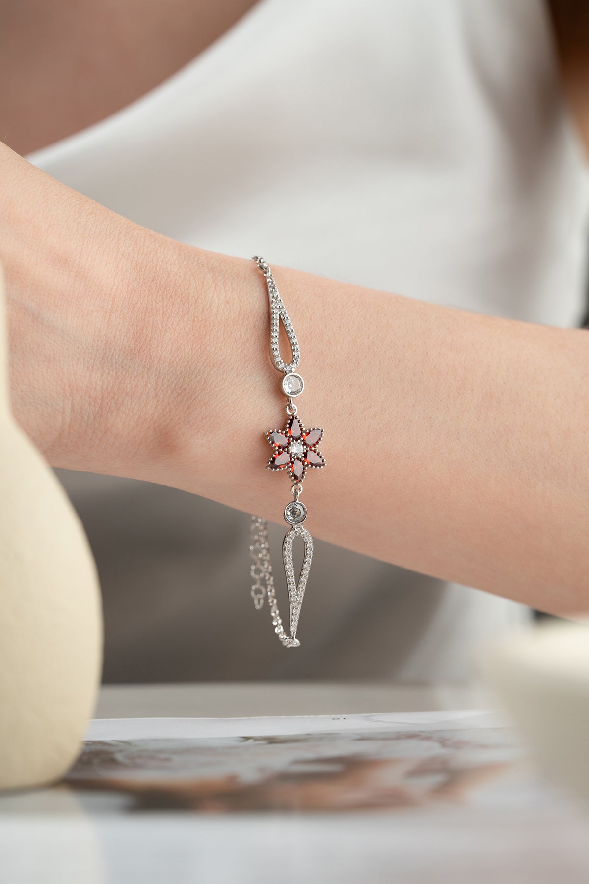 Red Crystal Flower Bracelet in Silver