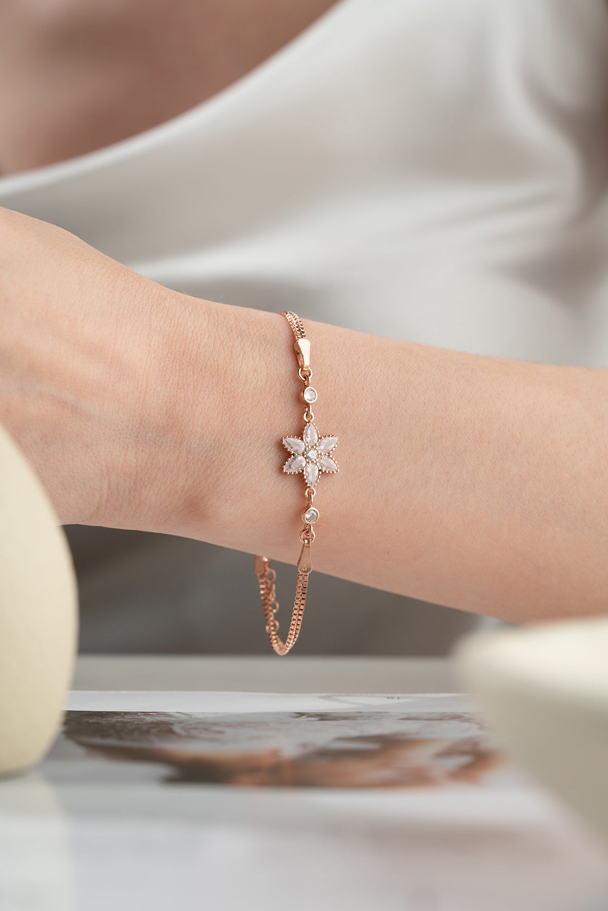 Crystal Flower Charm Bracelet in Silver