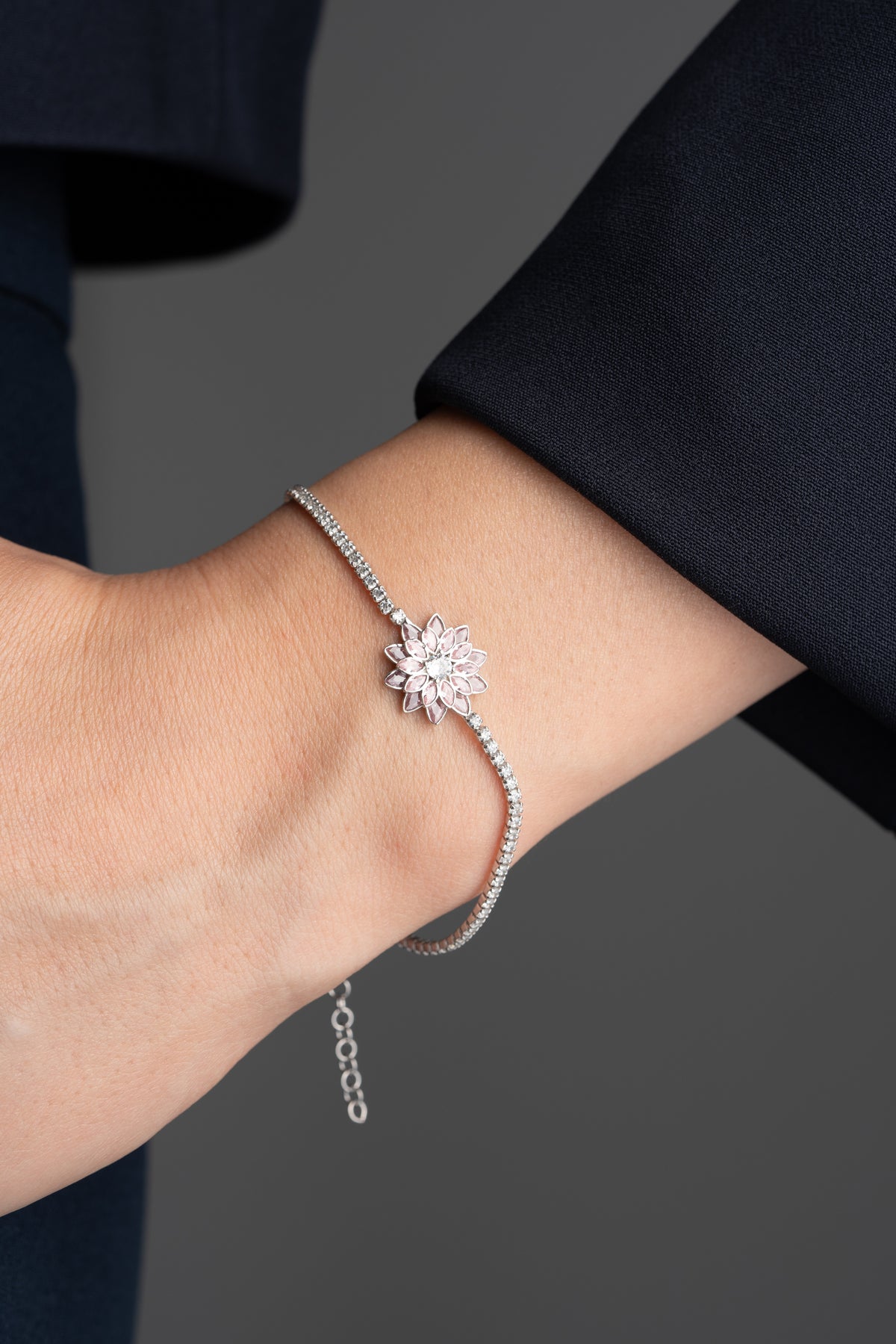 Pink Flower Tennis Bracelet in Silver