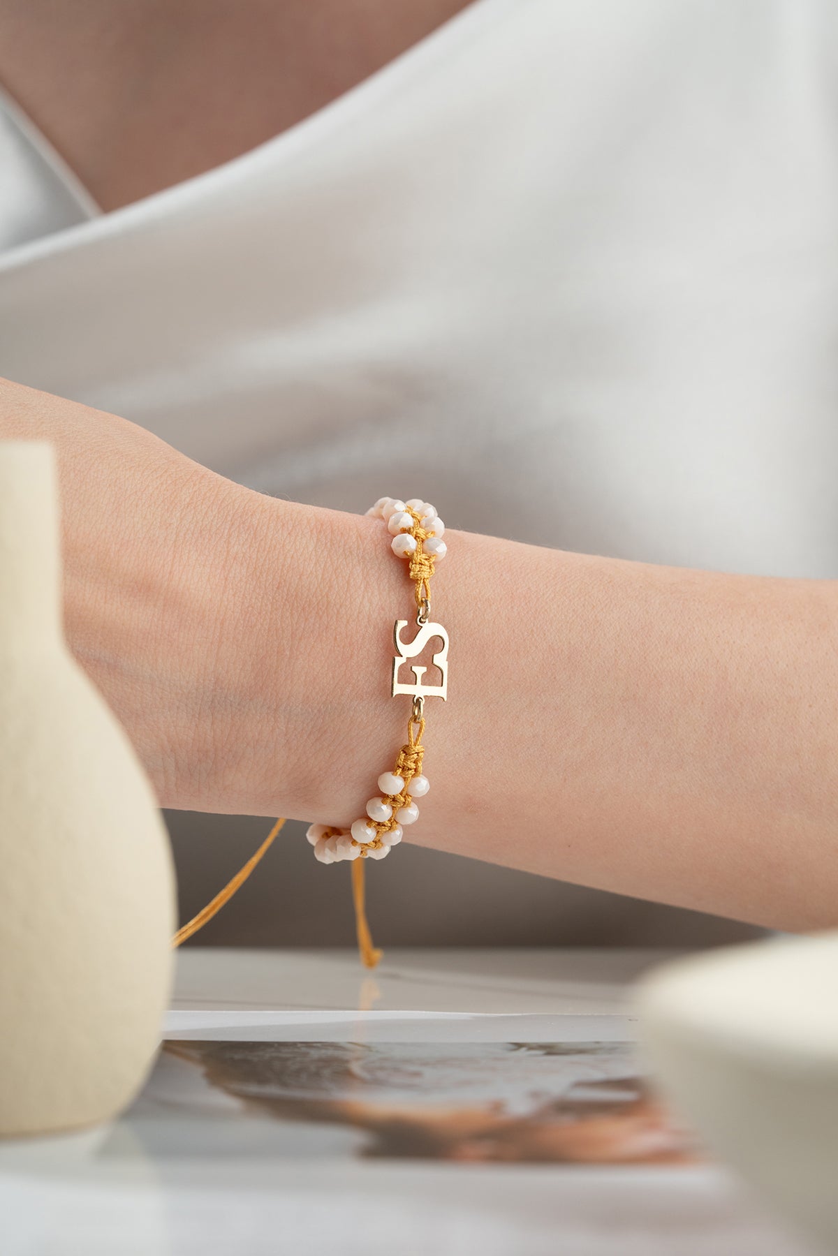 Beaded Macrame Bracelet with Gold Initials