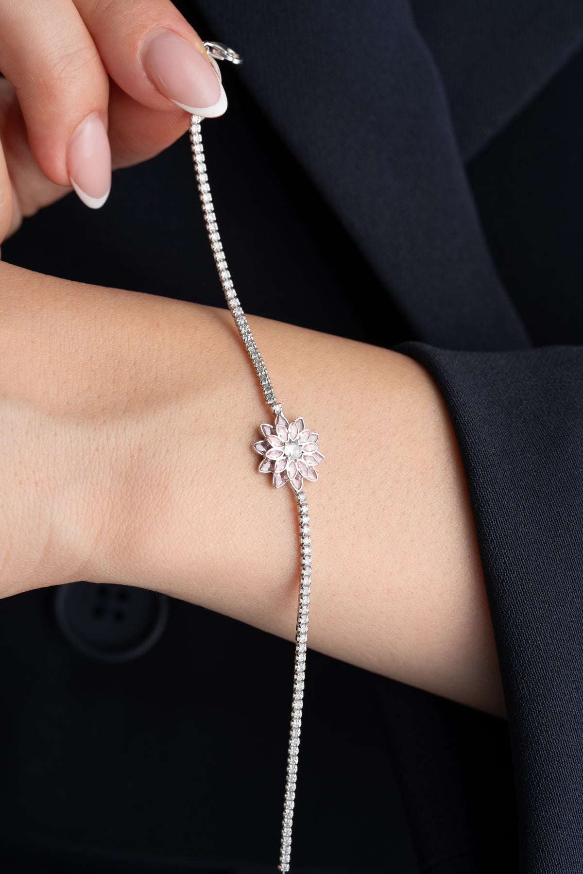Pink Flower Tennis Bracelet in Silver
