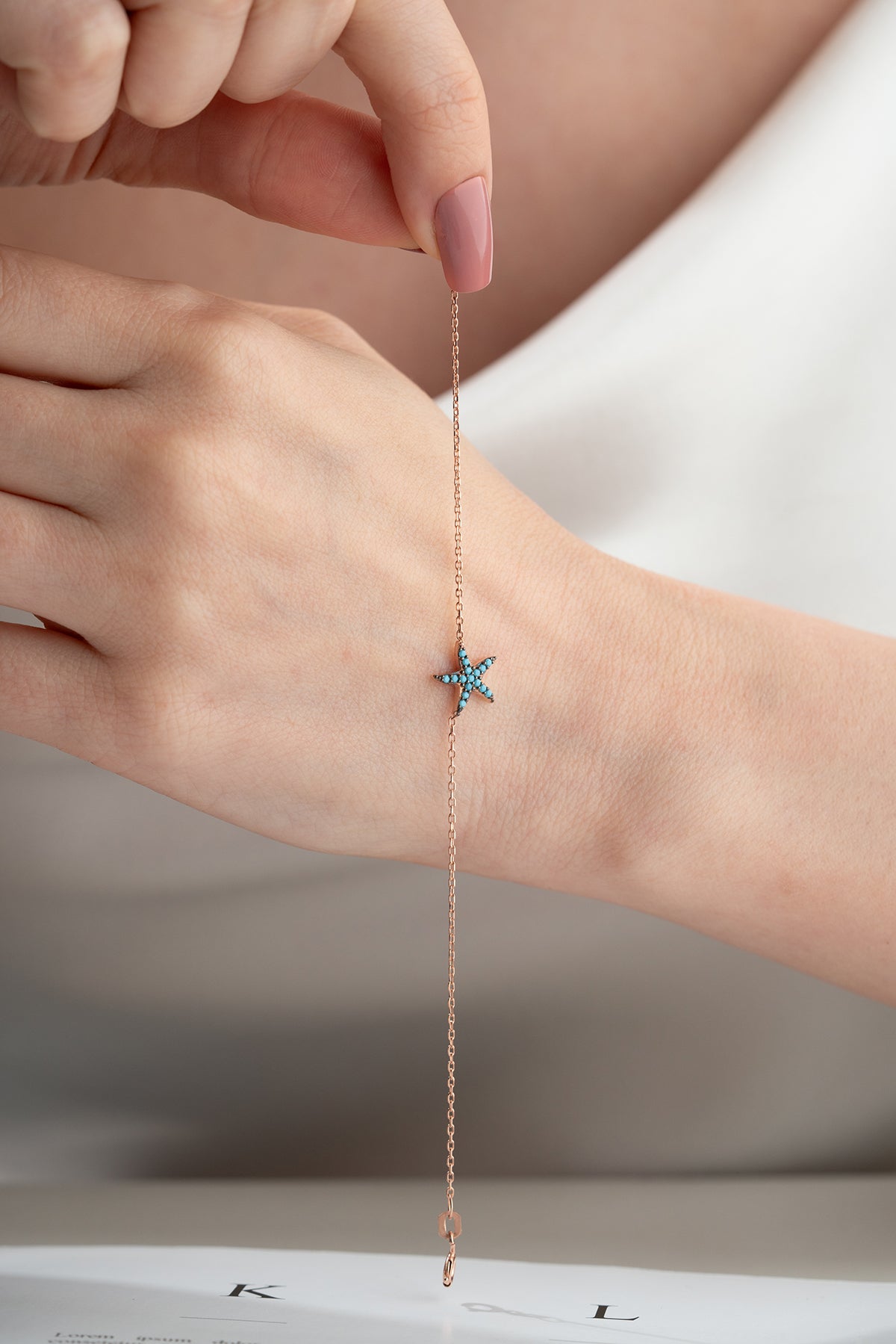 Turquoise Starfish Charm Bracelet in Rose Gold