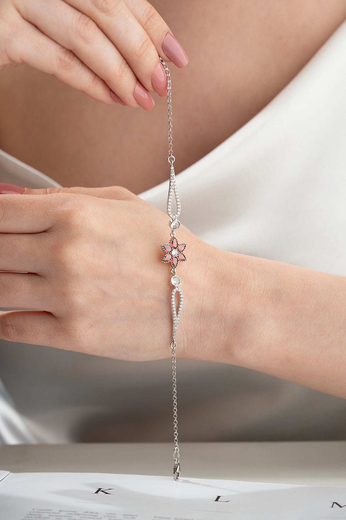 Red Crystal Flower Bracelet in Silver