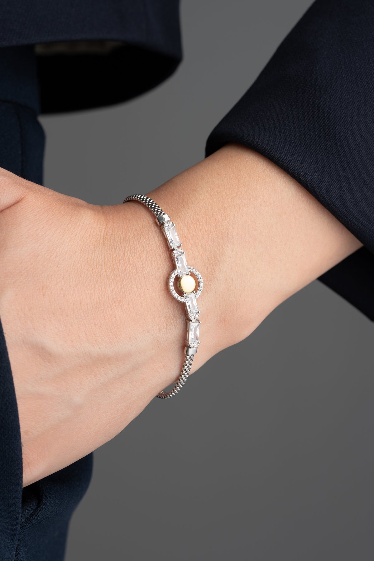 Two Tone Mesh Bracelet with Crystal Halo