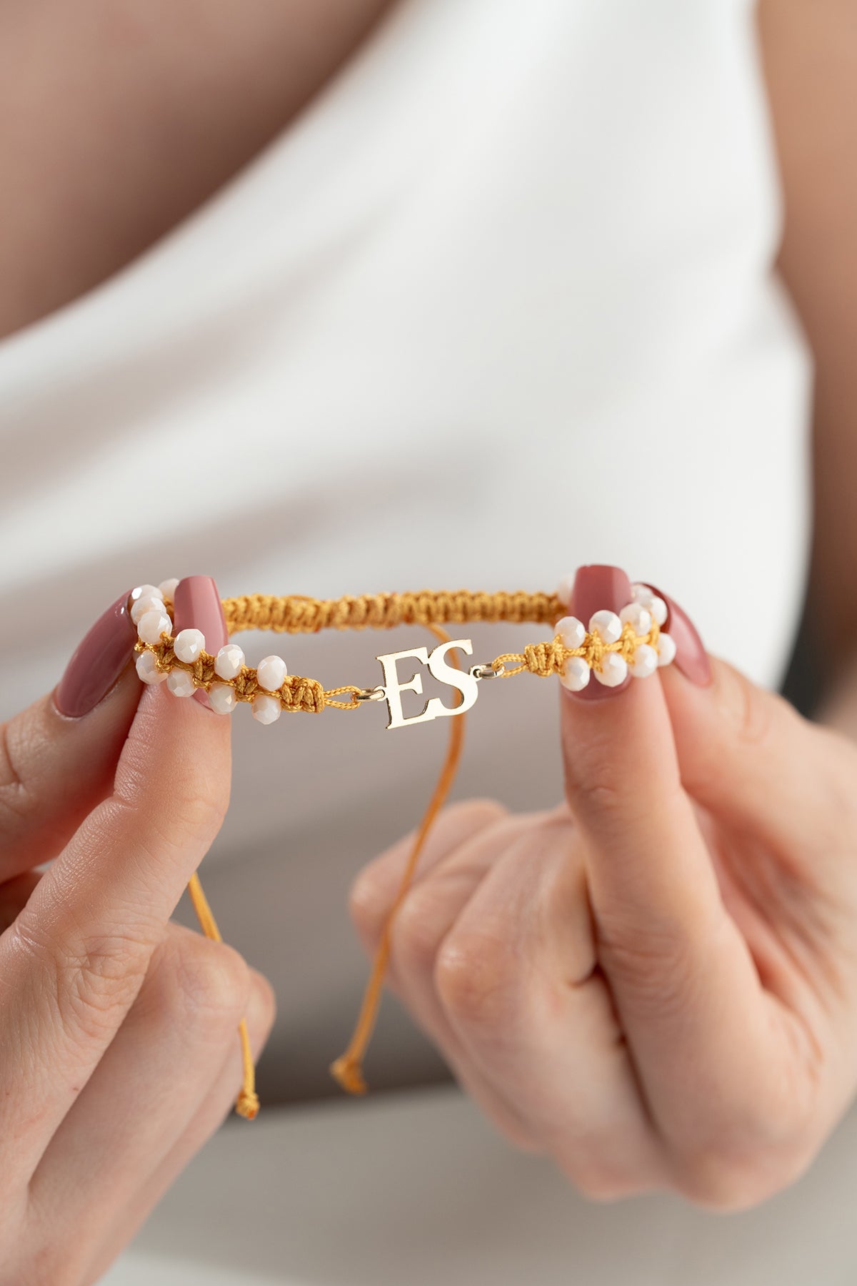 Beaded Macrame Bracelet with Gold Initials
